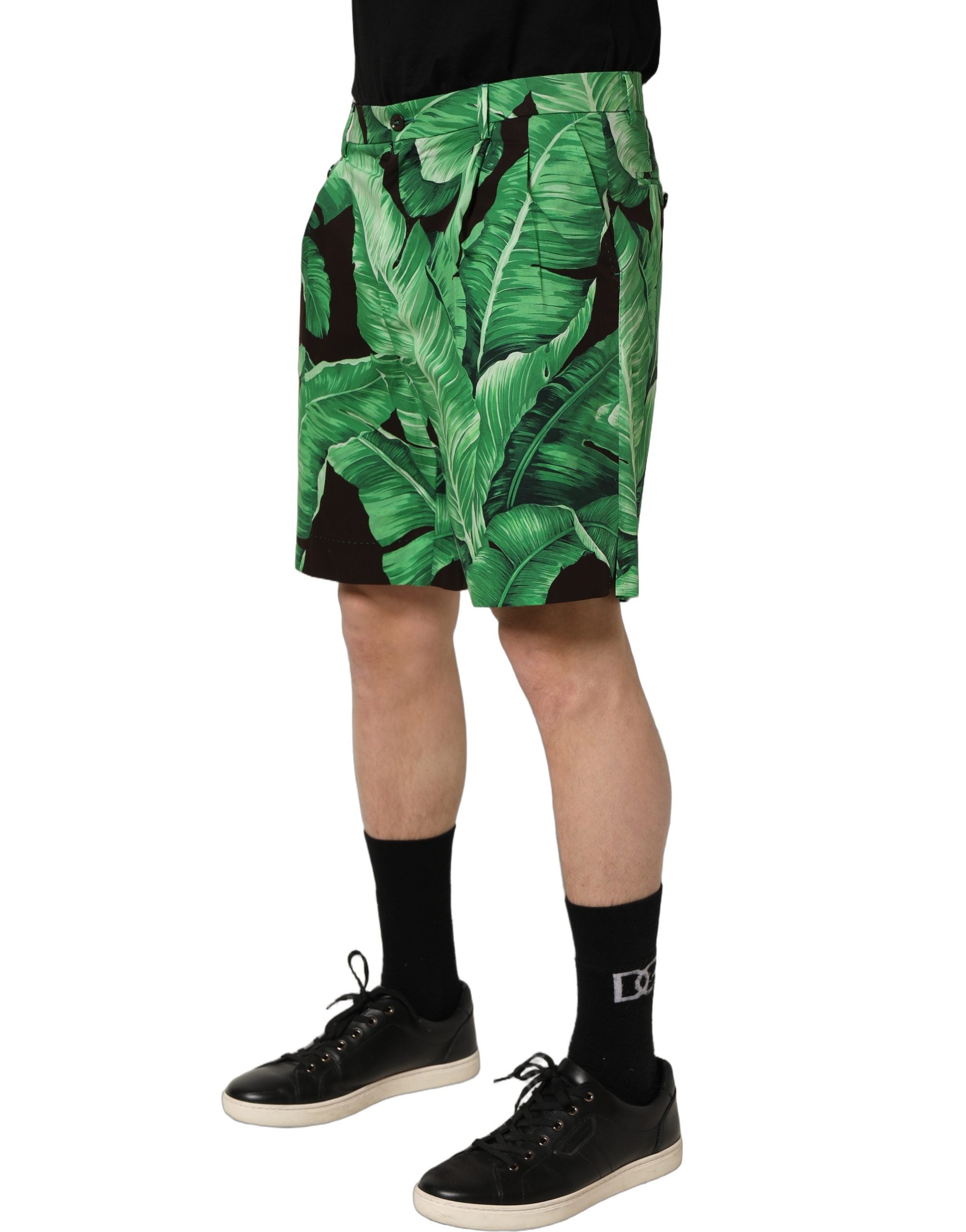 Dolce & Gabbana Black Green Banana Leaf Men Bermuda Shorts