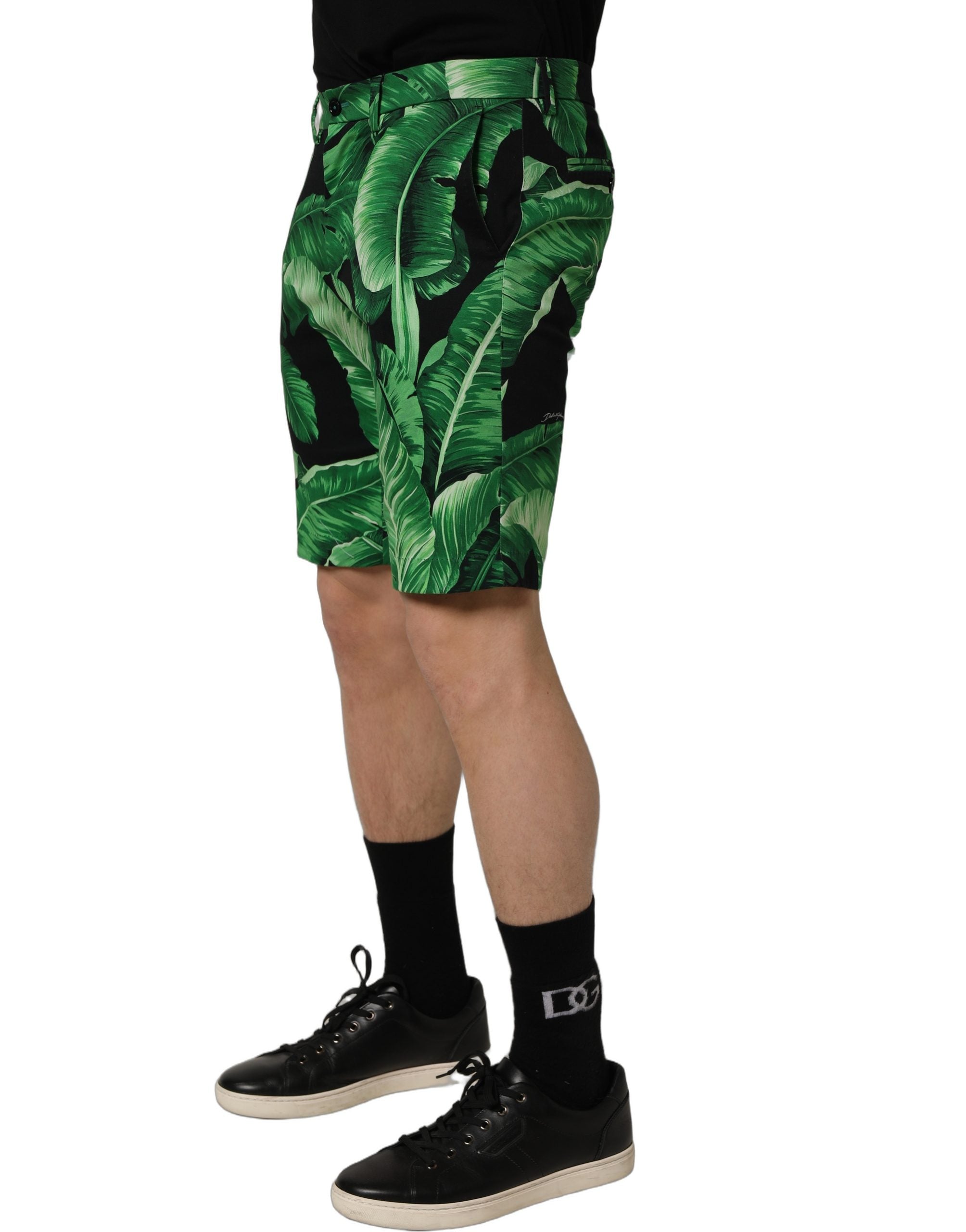 Dolce & Gabbana Black Green Banana Leaf Men Bermuda Shorts