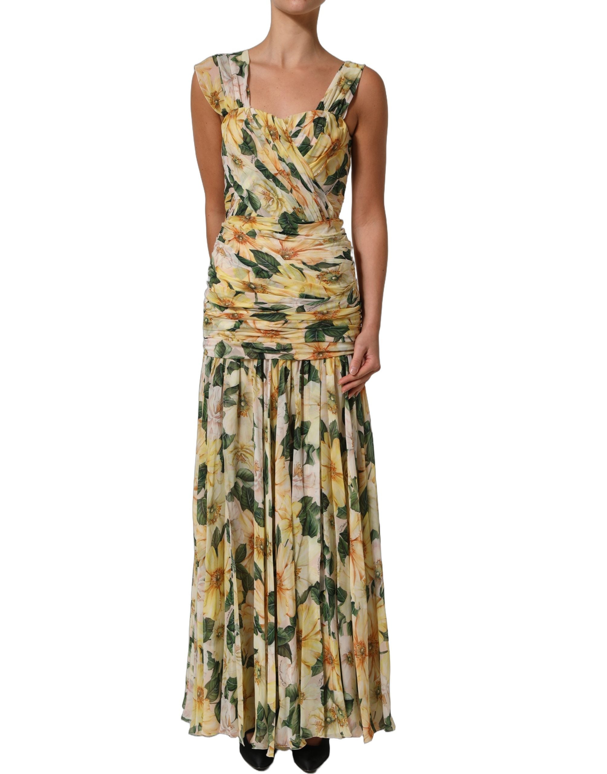 Dolce & Gabbana Yellow Floral Print Silk Pleated Maxi Dress