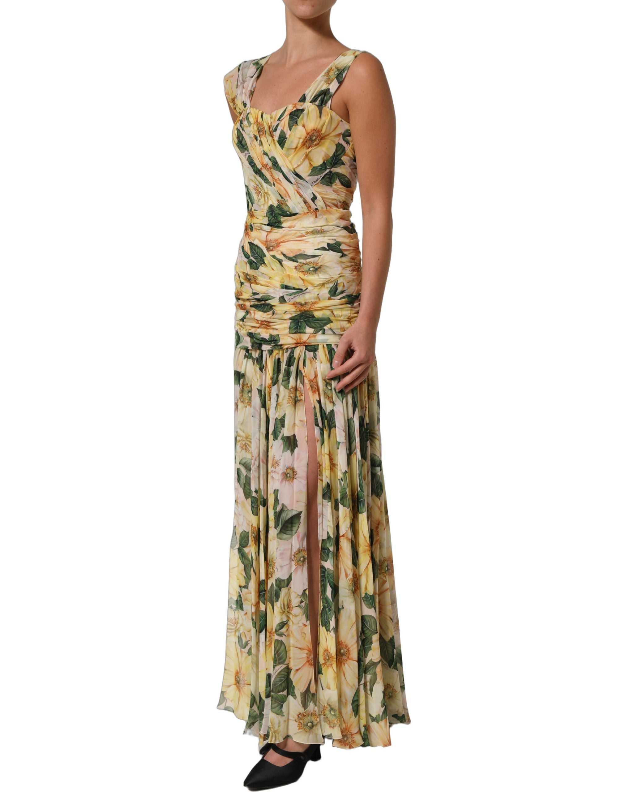 Dolce & Gabbana Yellow Floral Print Silk Pleated Maxi Dress