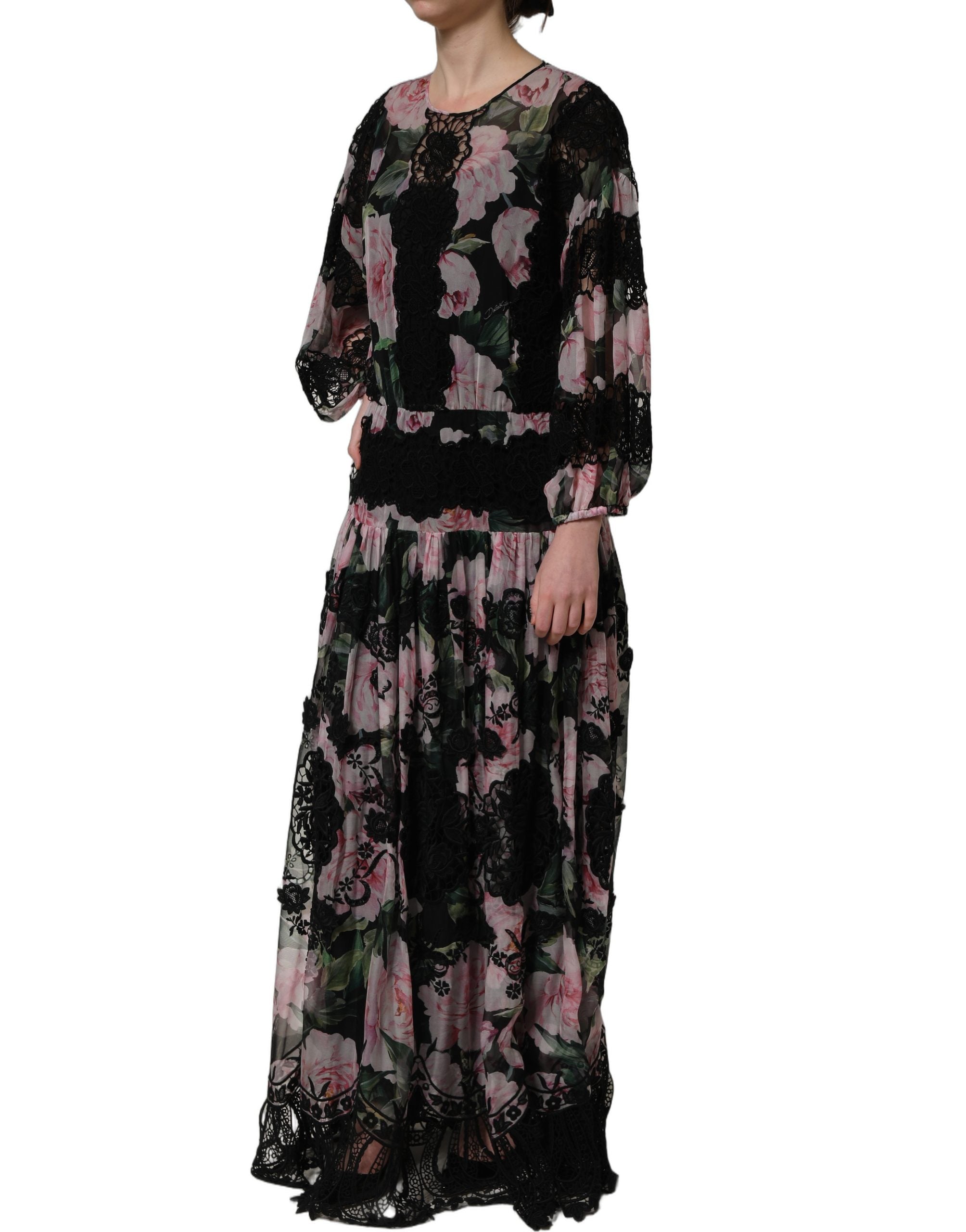 Dolce & Gabbana Black Floral Print Cotton Lace Maxi Dress