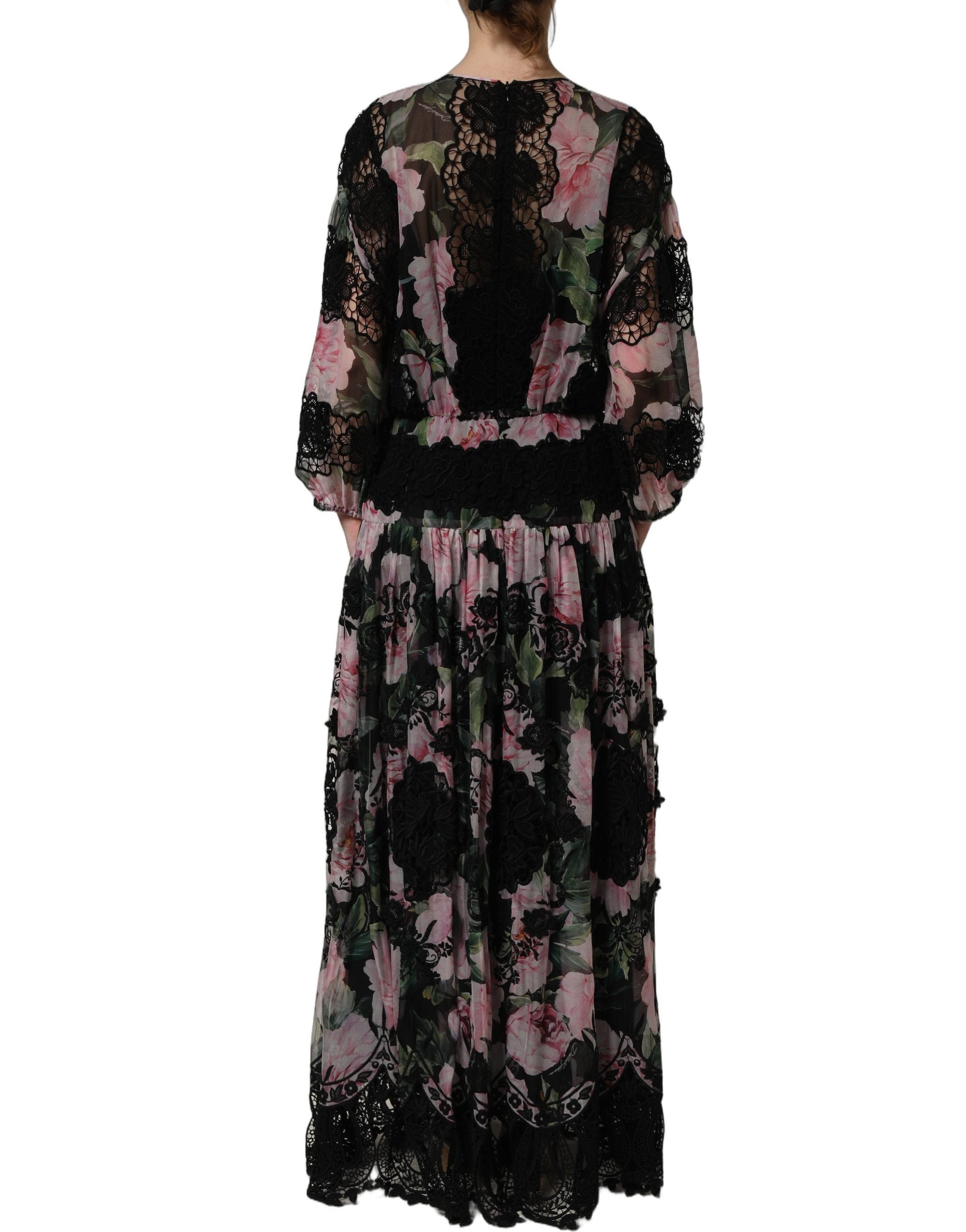 Dolce & Gabbana Black Floral Print Cotton Lace Maxi Dress