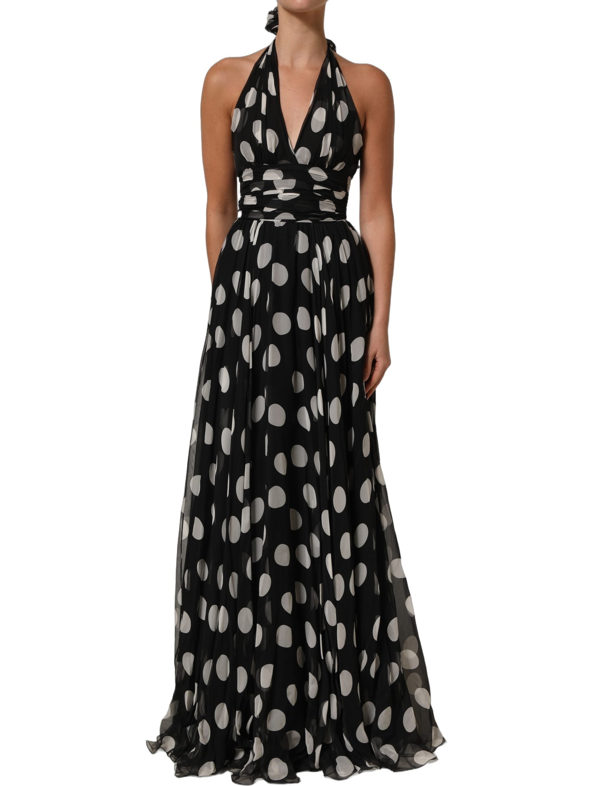 Dolce & Gabbana Black White Polka Dot Pleated Maxi Dress