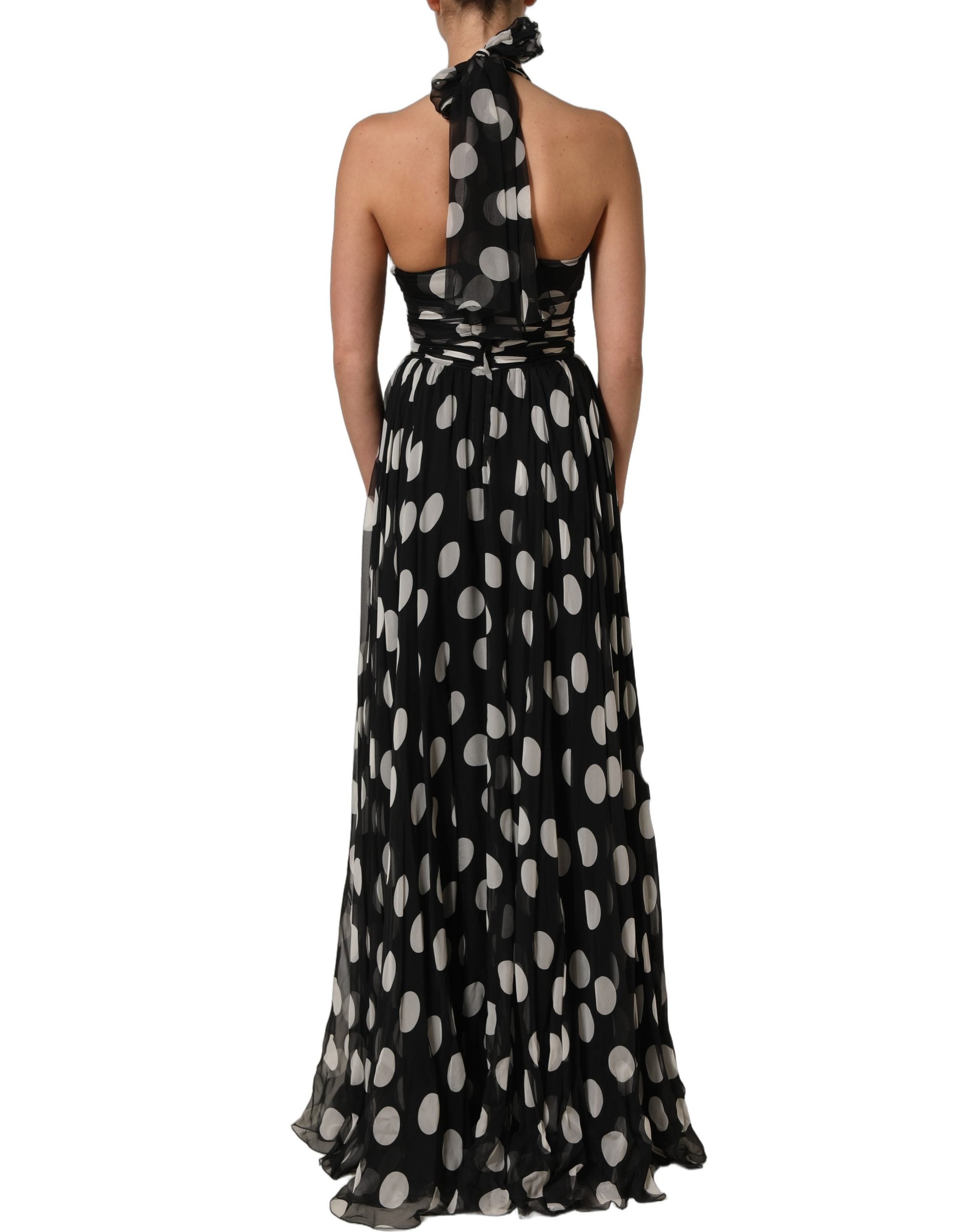 Dolce & Gabbana Black White Polka Dot Pleated Maxi Dress