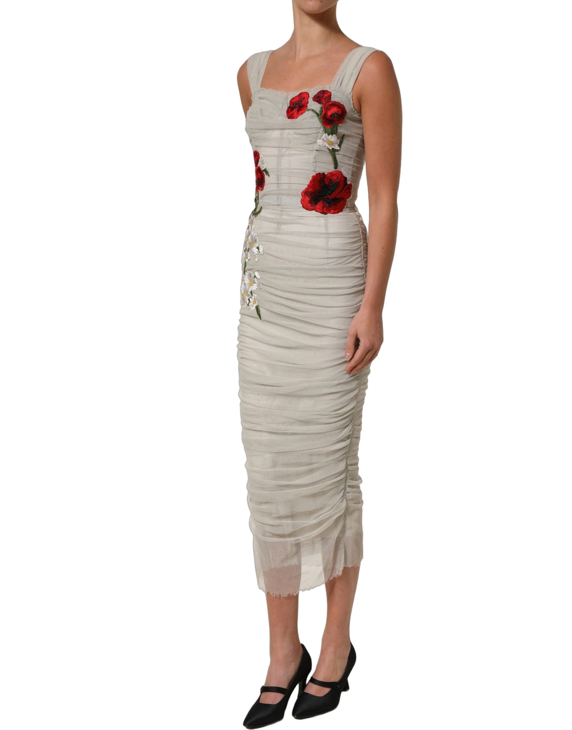 Dolce & Gabbana Light Gray Rose Embroidery Sheath Midi Dress