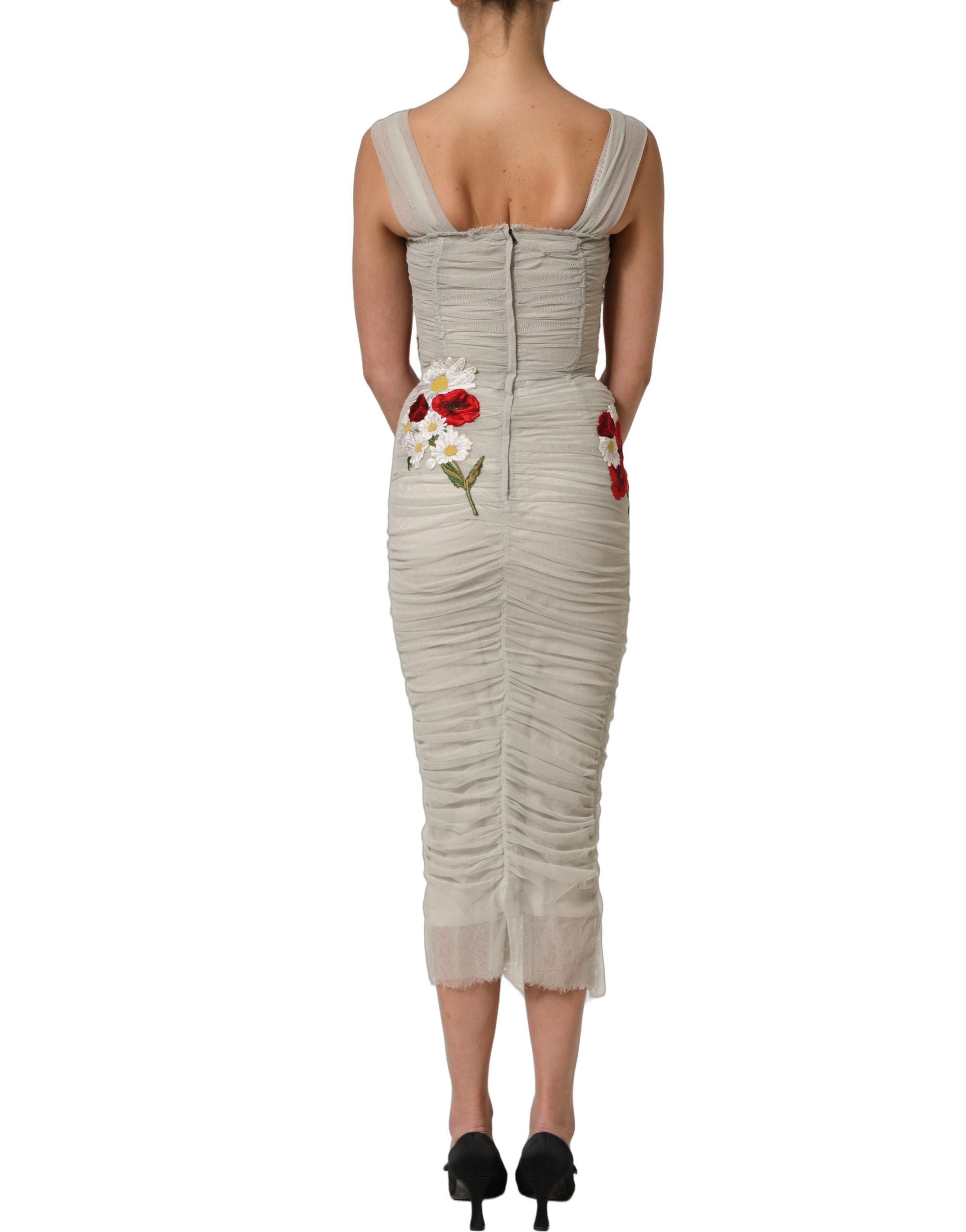 Dolce & Gabbana Light Gray Rose Embroidery Sheath Midi Dress
