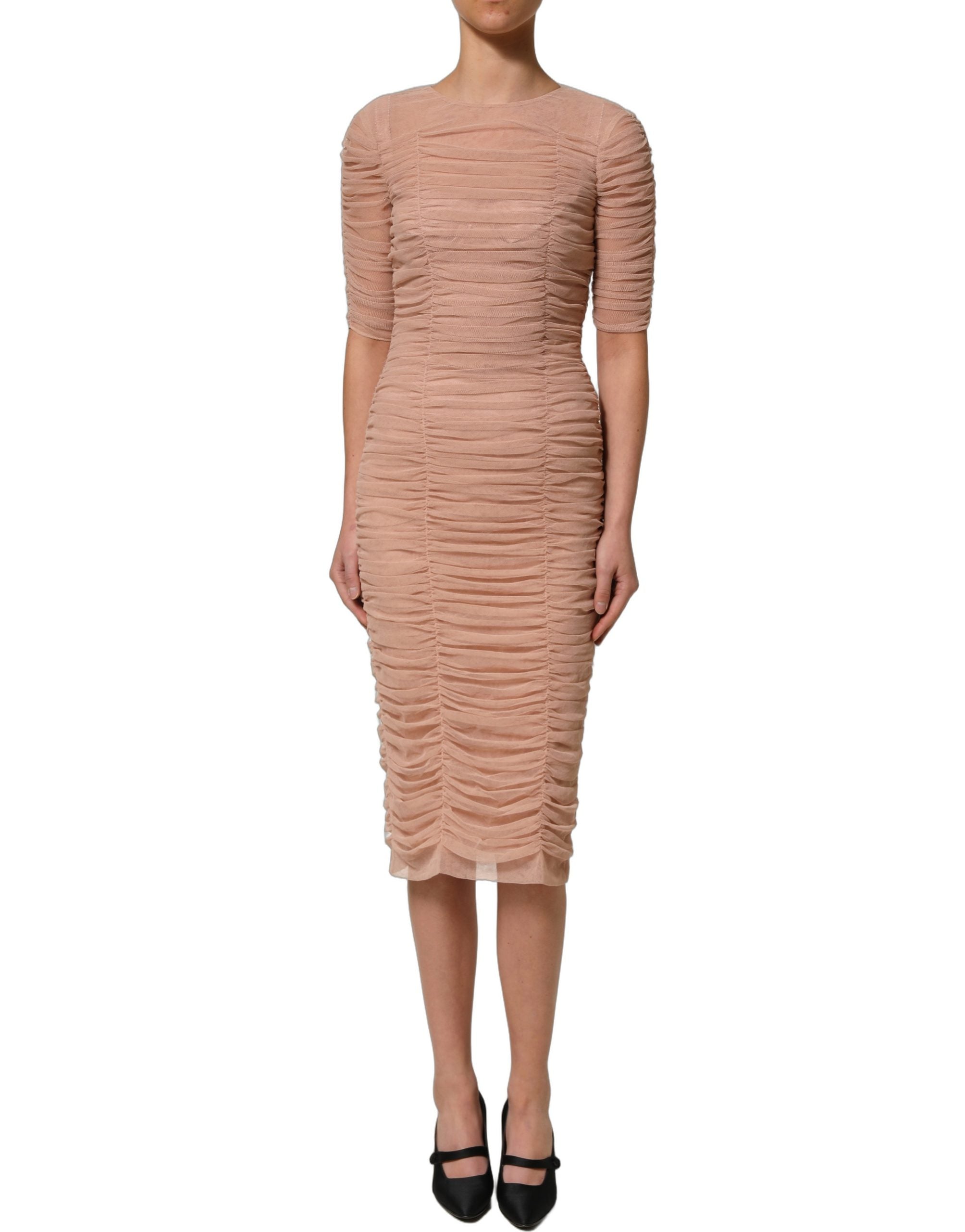 Dolce & Gabbana Beige Cotton Mesh Ruched Sheath Midi Dress