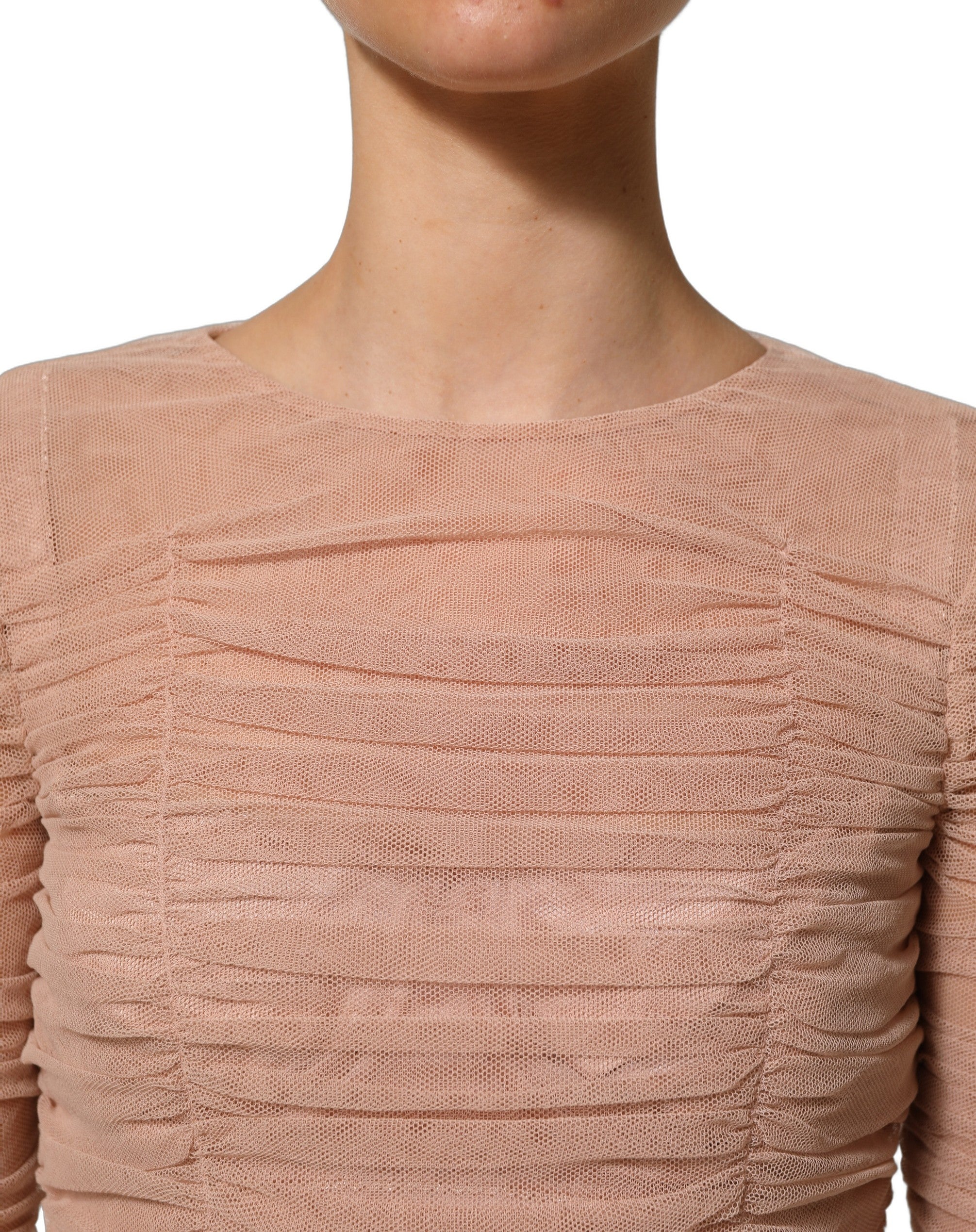 Dolce & Gabbana Beige Cotton Mesh Ruched Sheath Midi Dress