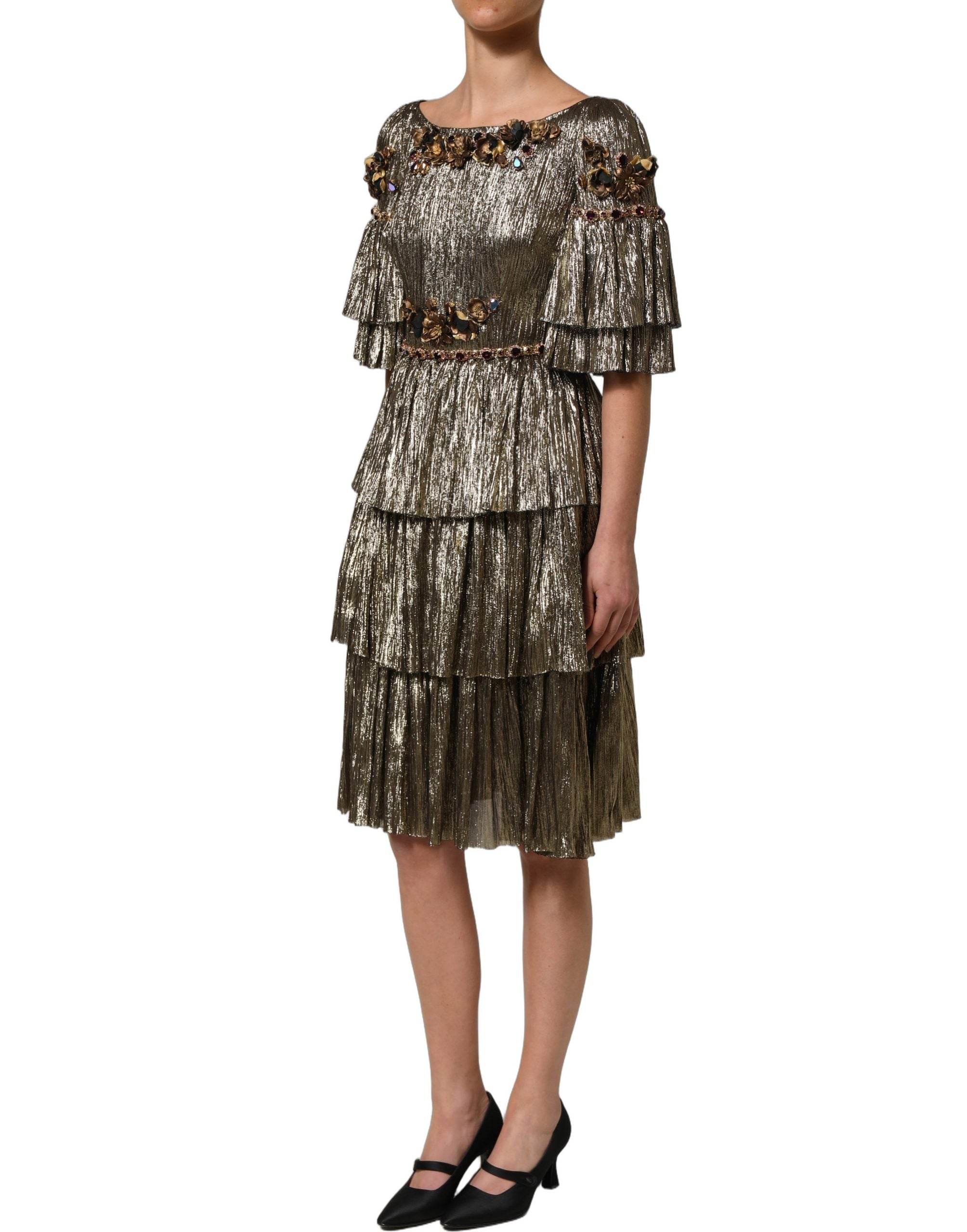 Dolce & Gabbana Metallic Gold Embellished Tiered Midi Dress