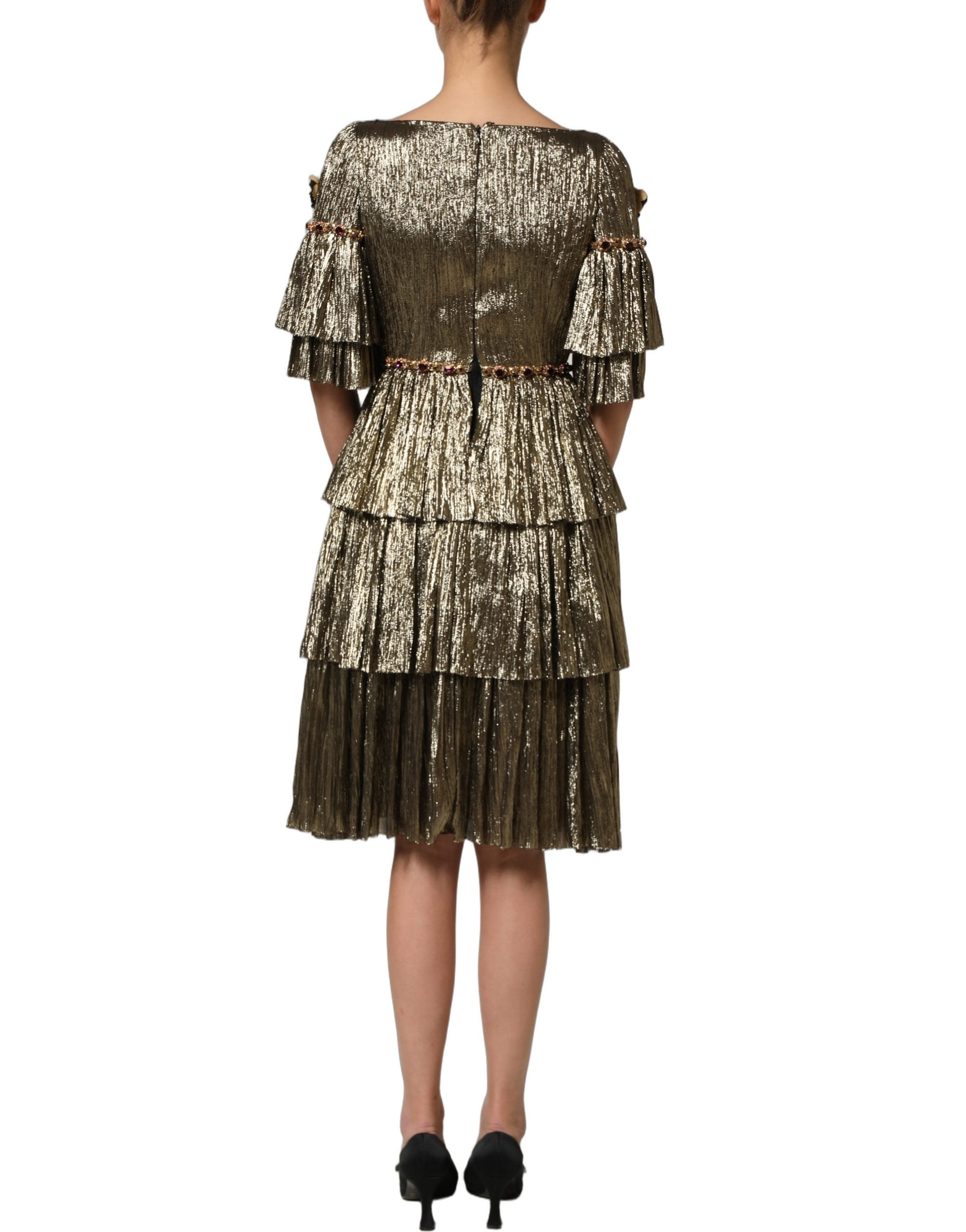 Dolce & Gabbana Metallic Gold Embellished Tiered Midi Dress