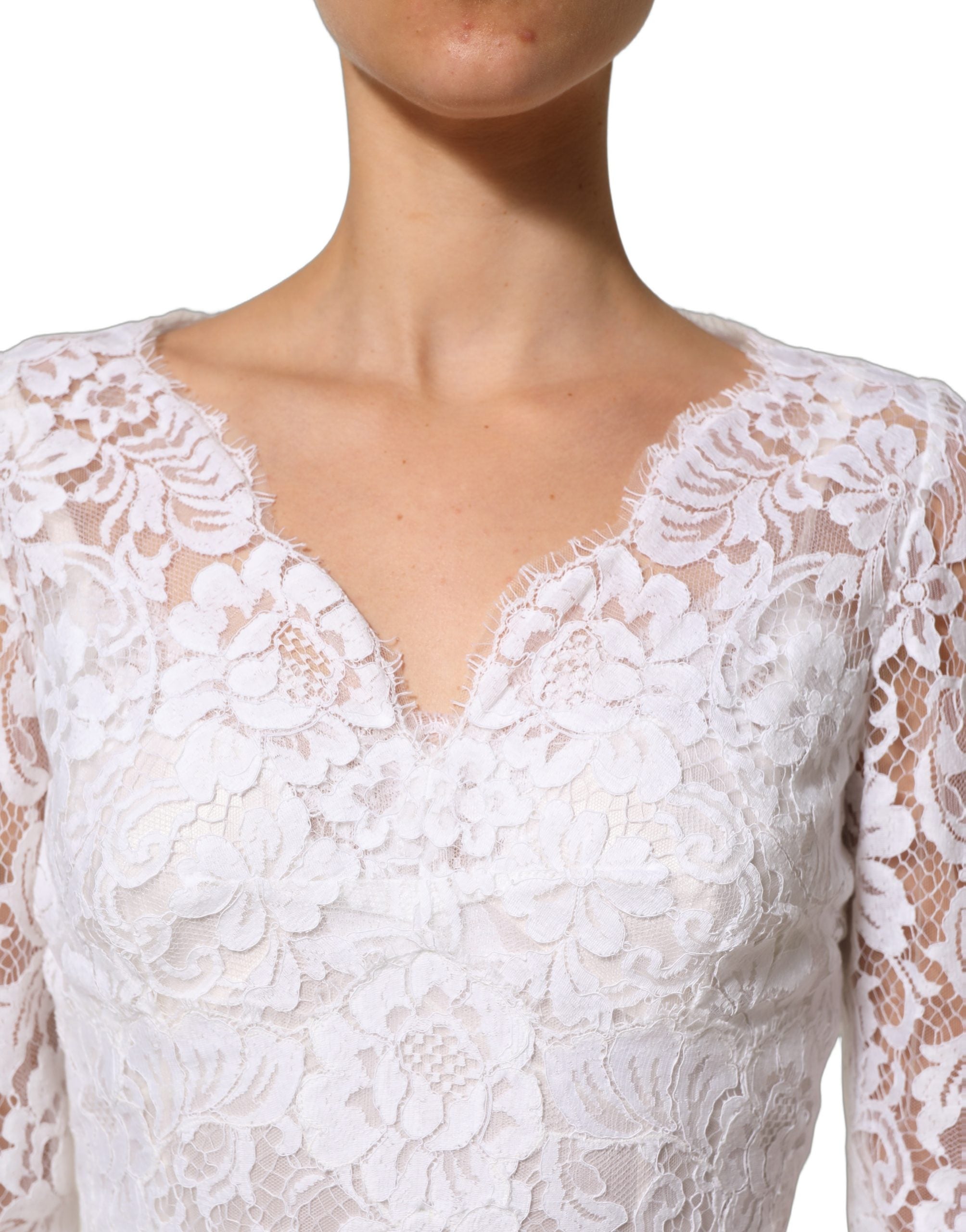 Dolce & Gabbana White Cotton Floral Lace Long Gown Dress