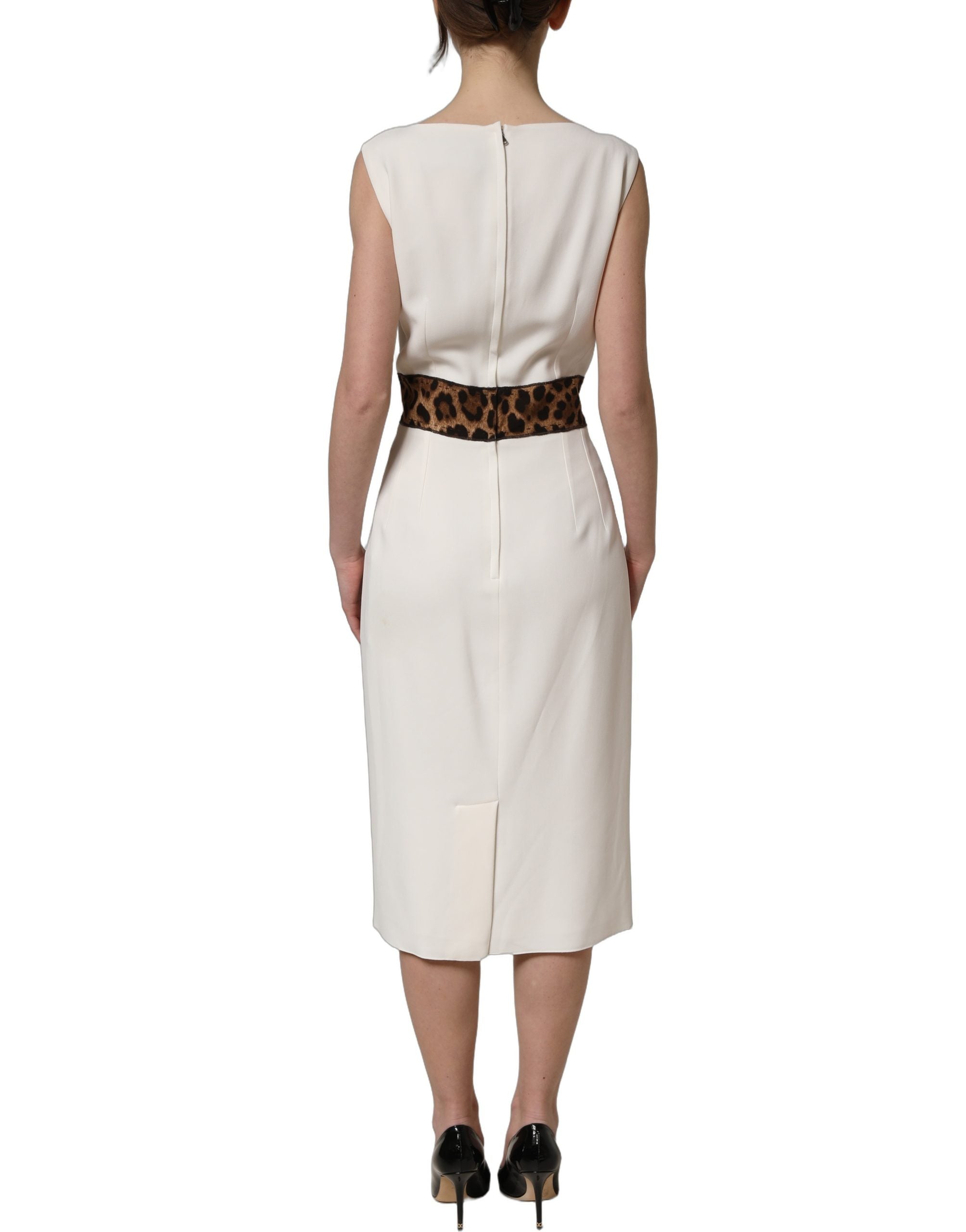 Dolce & Gabbana White Leopard Sleeveless Sheath Midi Dress