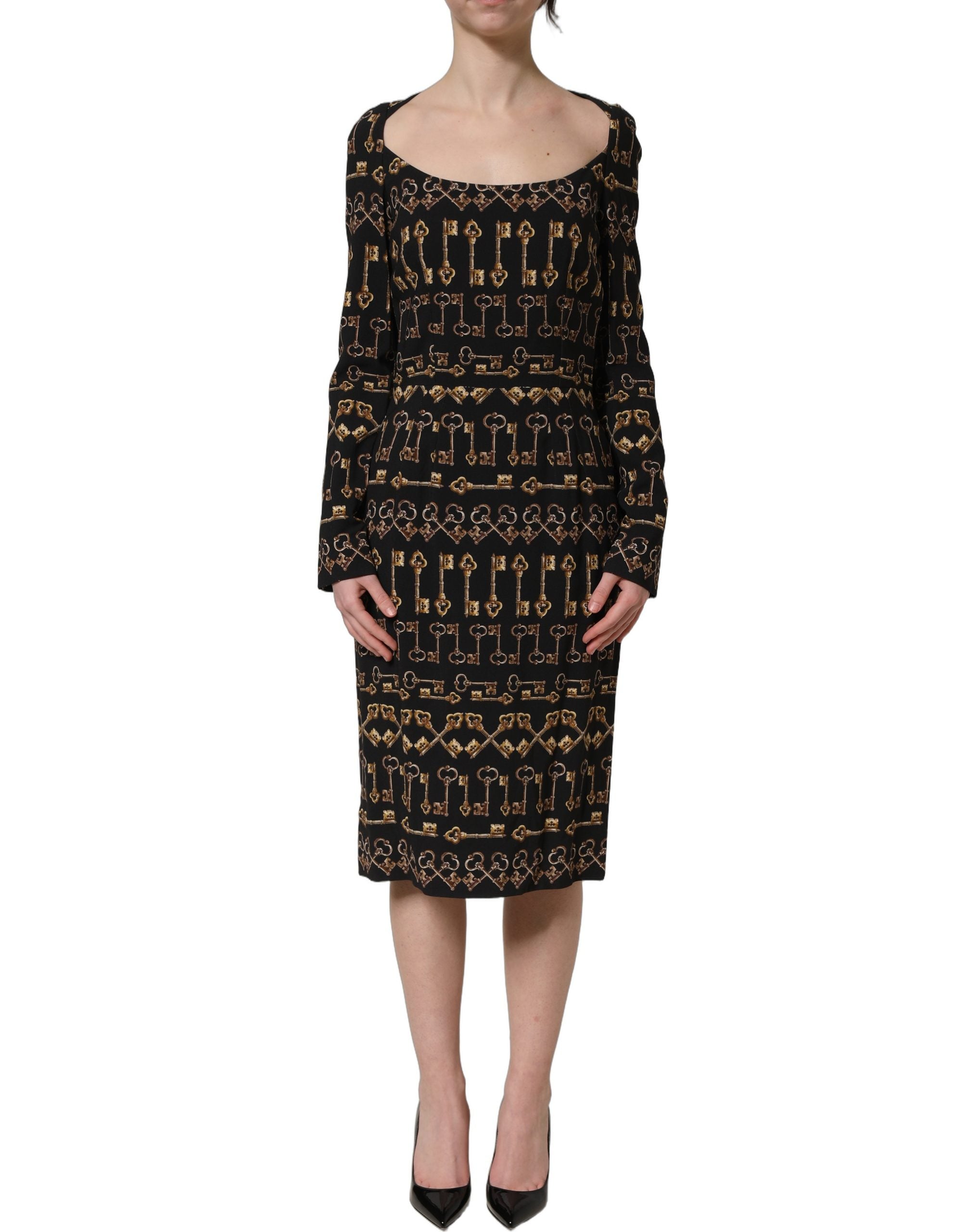 Dolce & Gabbana Black Key Print Long Sleeves Sheath Midi Dress