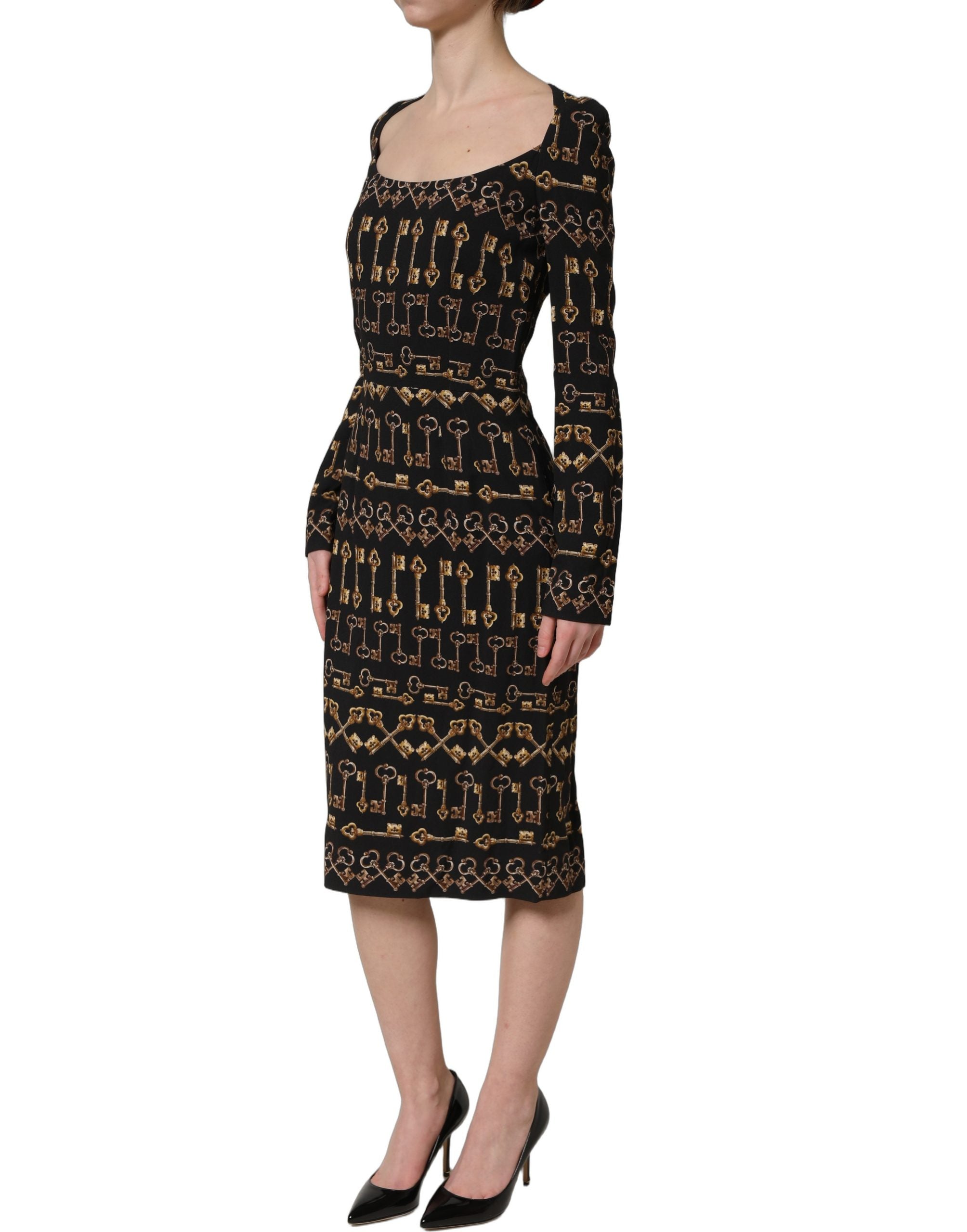 Dolce & Gabbana Black Key Print Long Sleeves Sheath Midi Dress