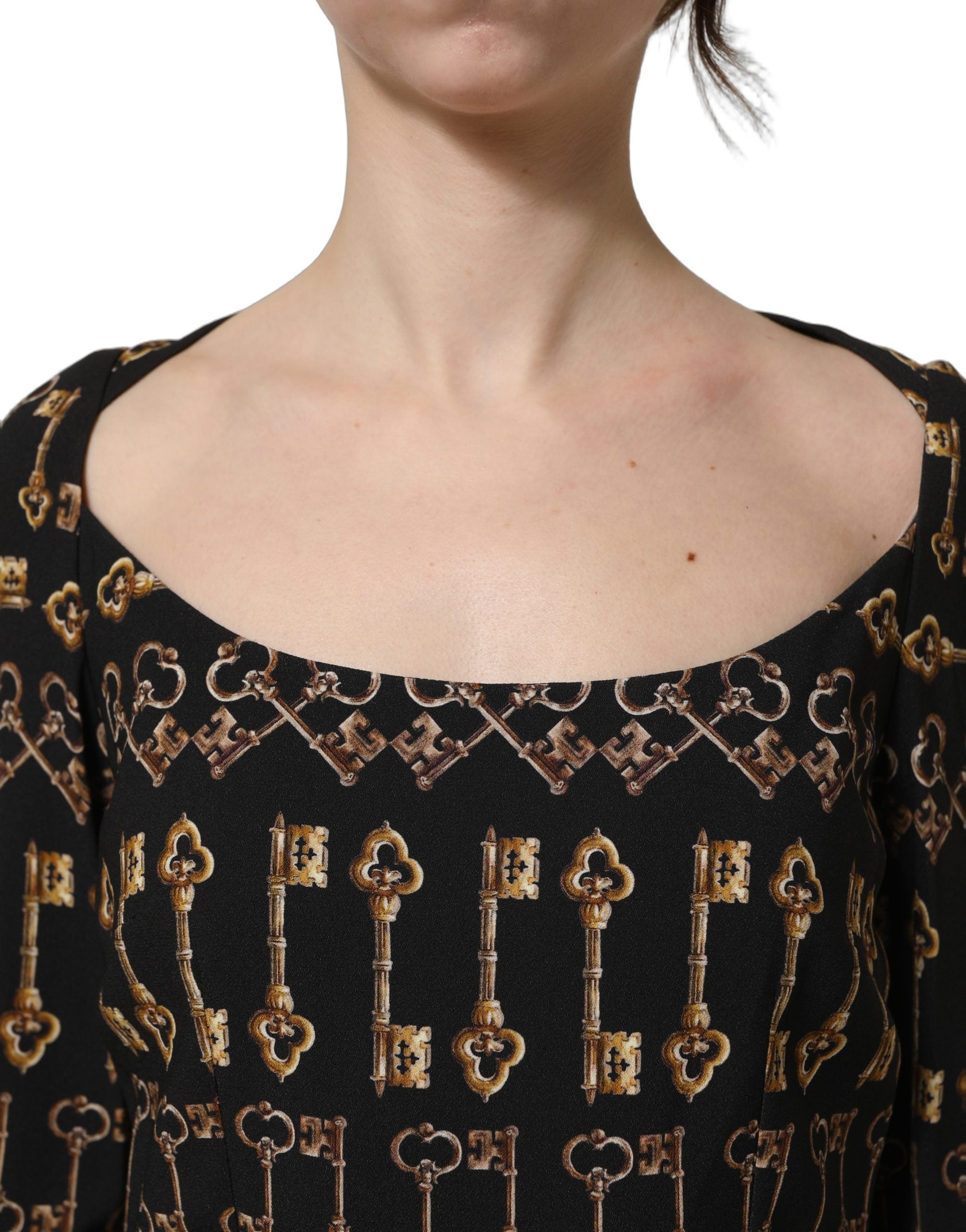 Dolce & Gabbana Black Key Print Long Sleeves Sheath Midi Dress