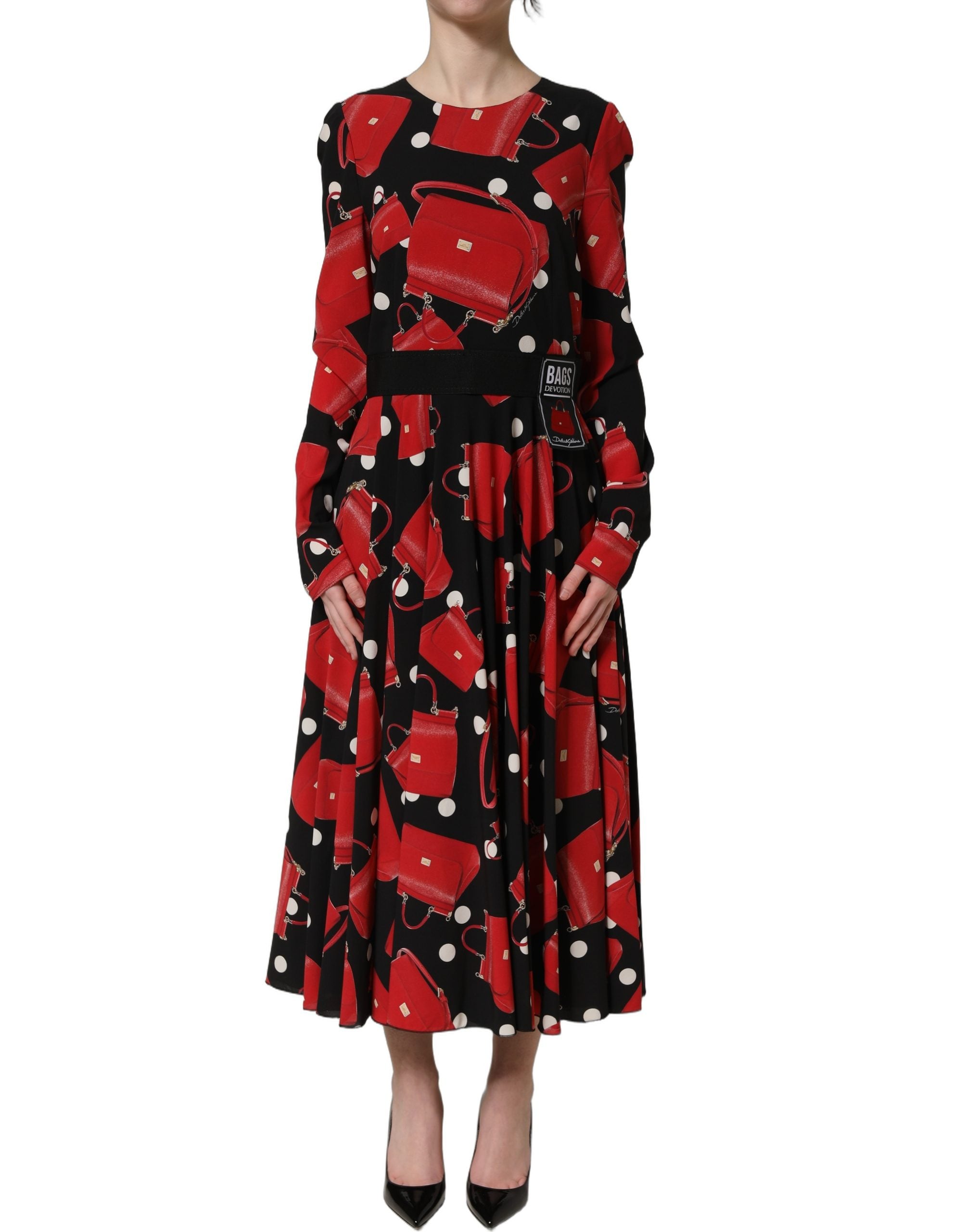 Dolce & Gabbana Black Handbag Print Long Sleeve Midi Dress