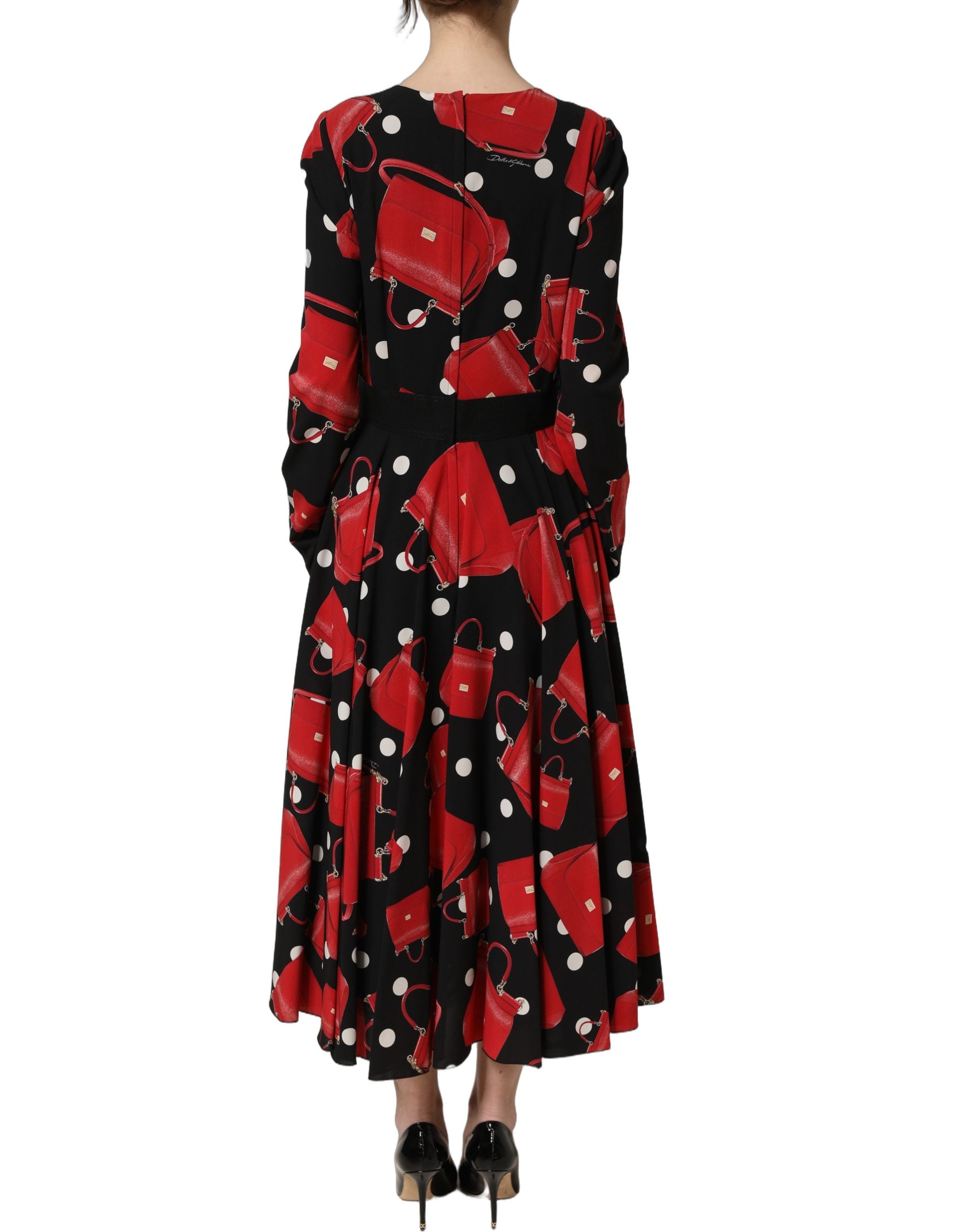 Dolce & Gabbana Black Handbag Print Long Sleeve Midi Dress