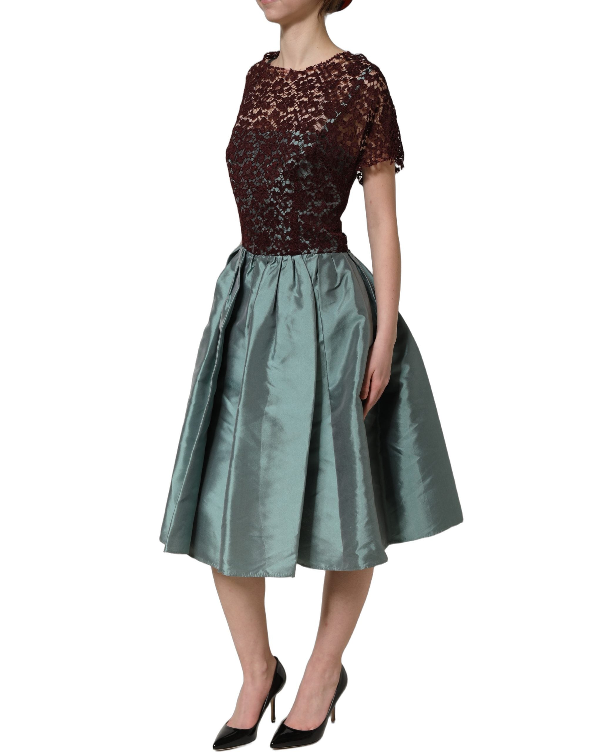 Dolce & Gabbana Multicolor Floral Lace Taffeta Pleated Midi Dress