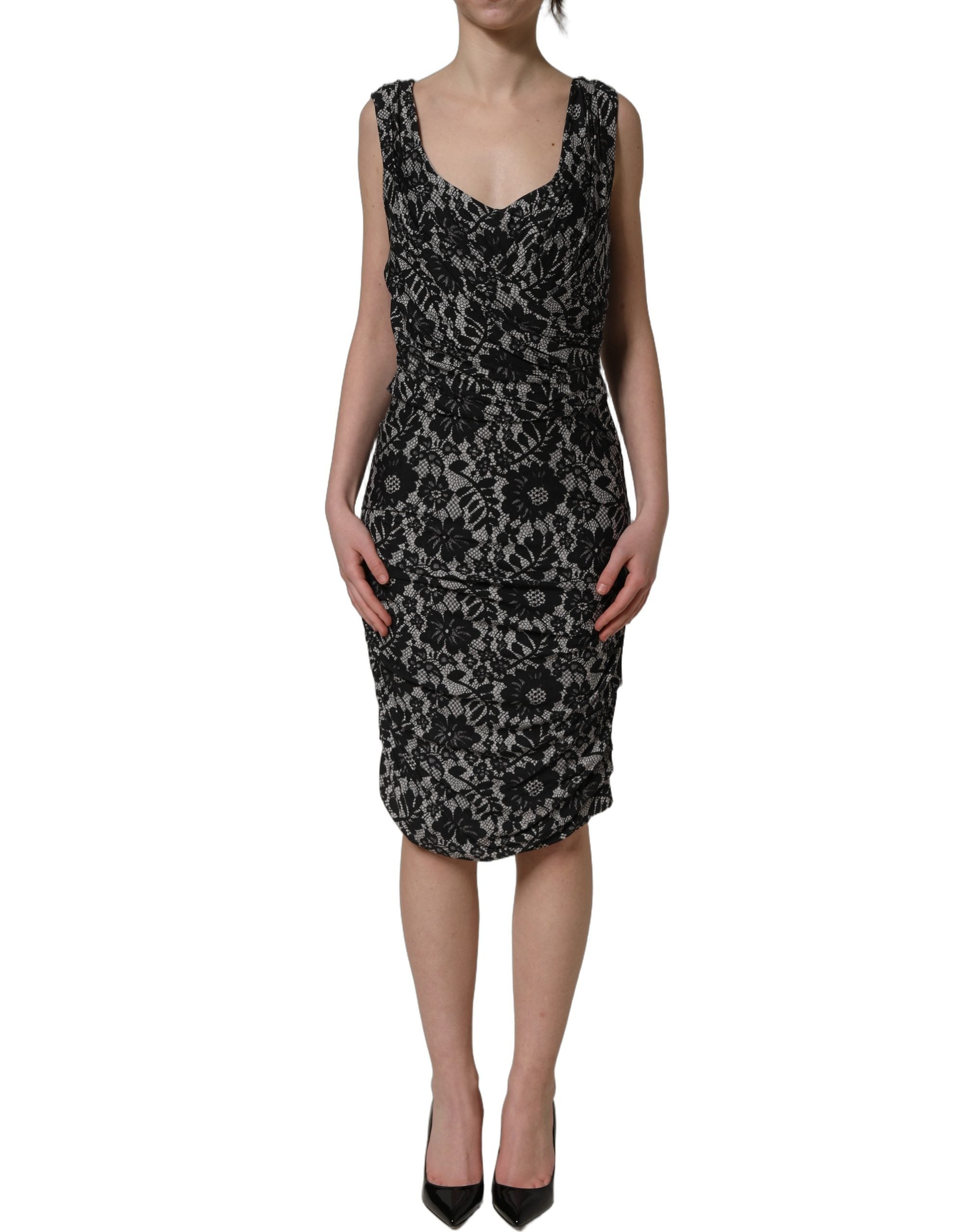 Dolce & Gabbana Black White Floral Lace Sleeveless Midi Dress