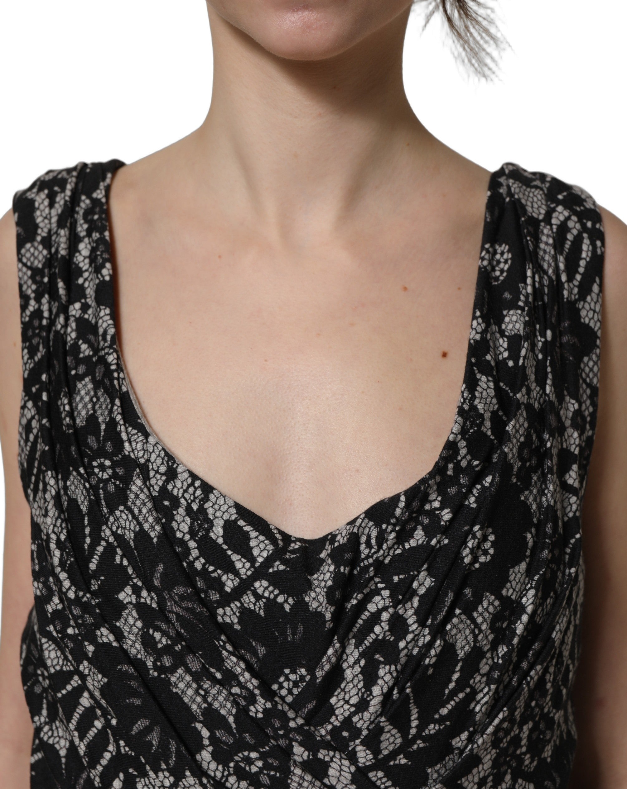 Dolce & Gabbana Black White Floral Lace Sleeveless Midi Dress