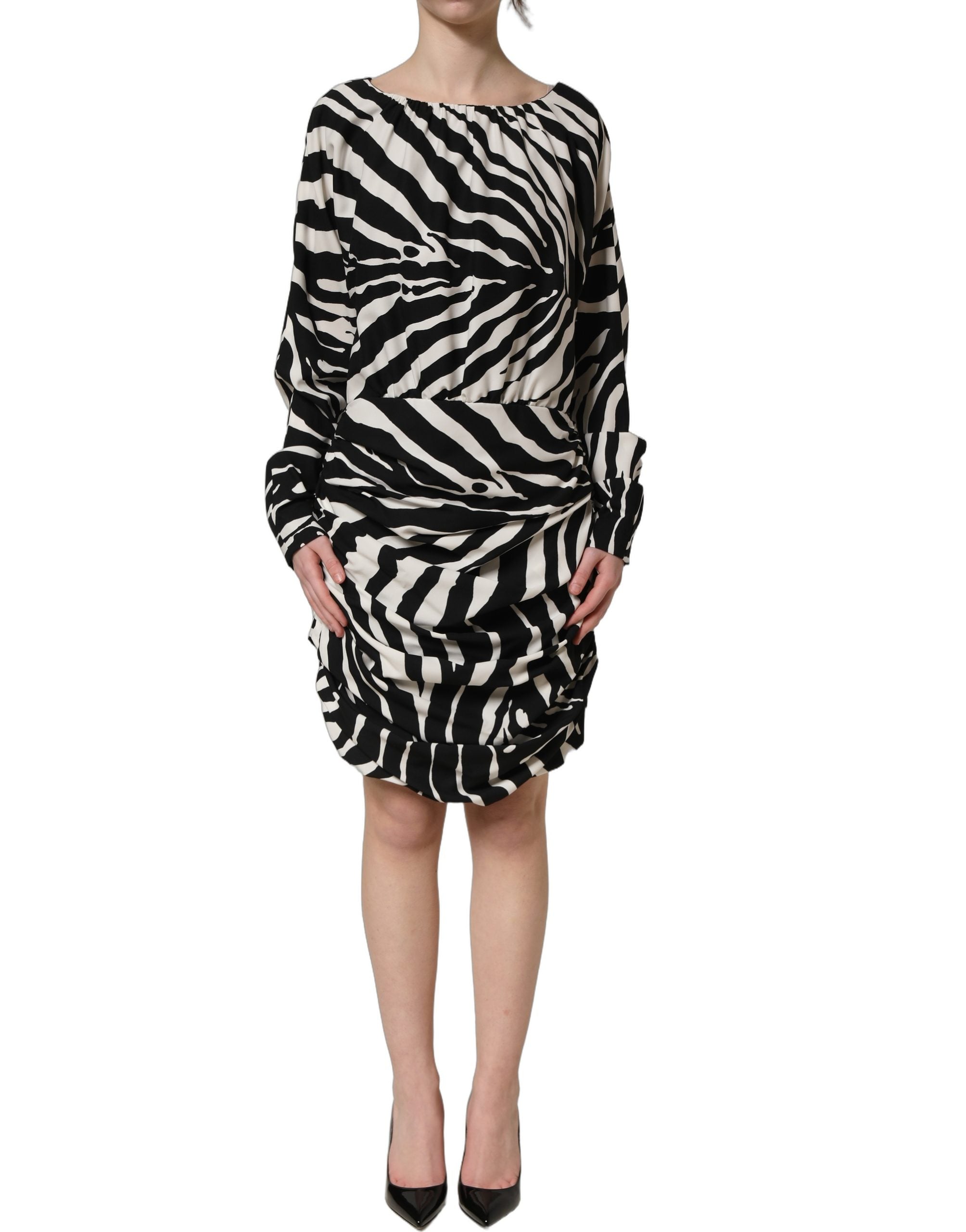 Dolce & Gabbana Black White Zebra Ruched Silk Mini Dress