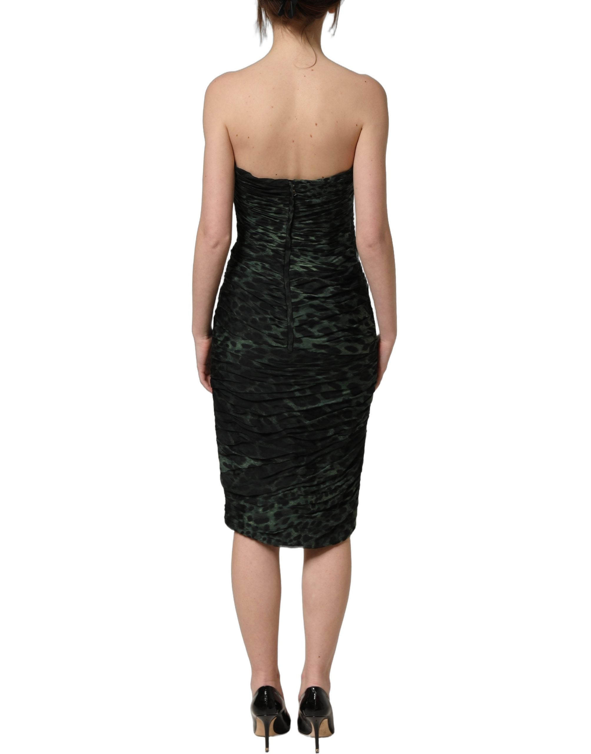 Dolce & Gabbana Green Leopard Print Bustier Draped Midi Dress