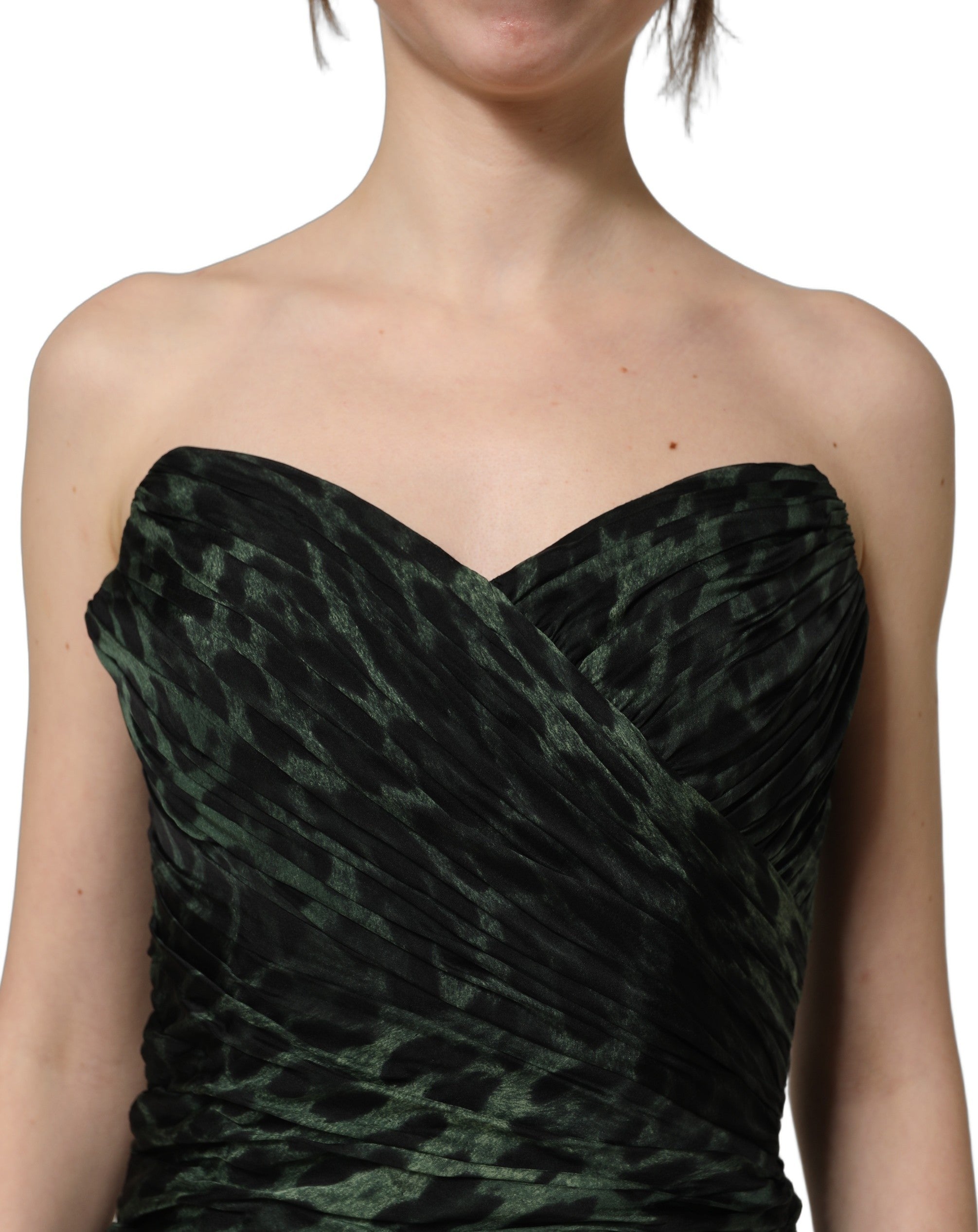 Dolce & Gabbana Green Leopard Print Bustier Draped Midi Dress