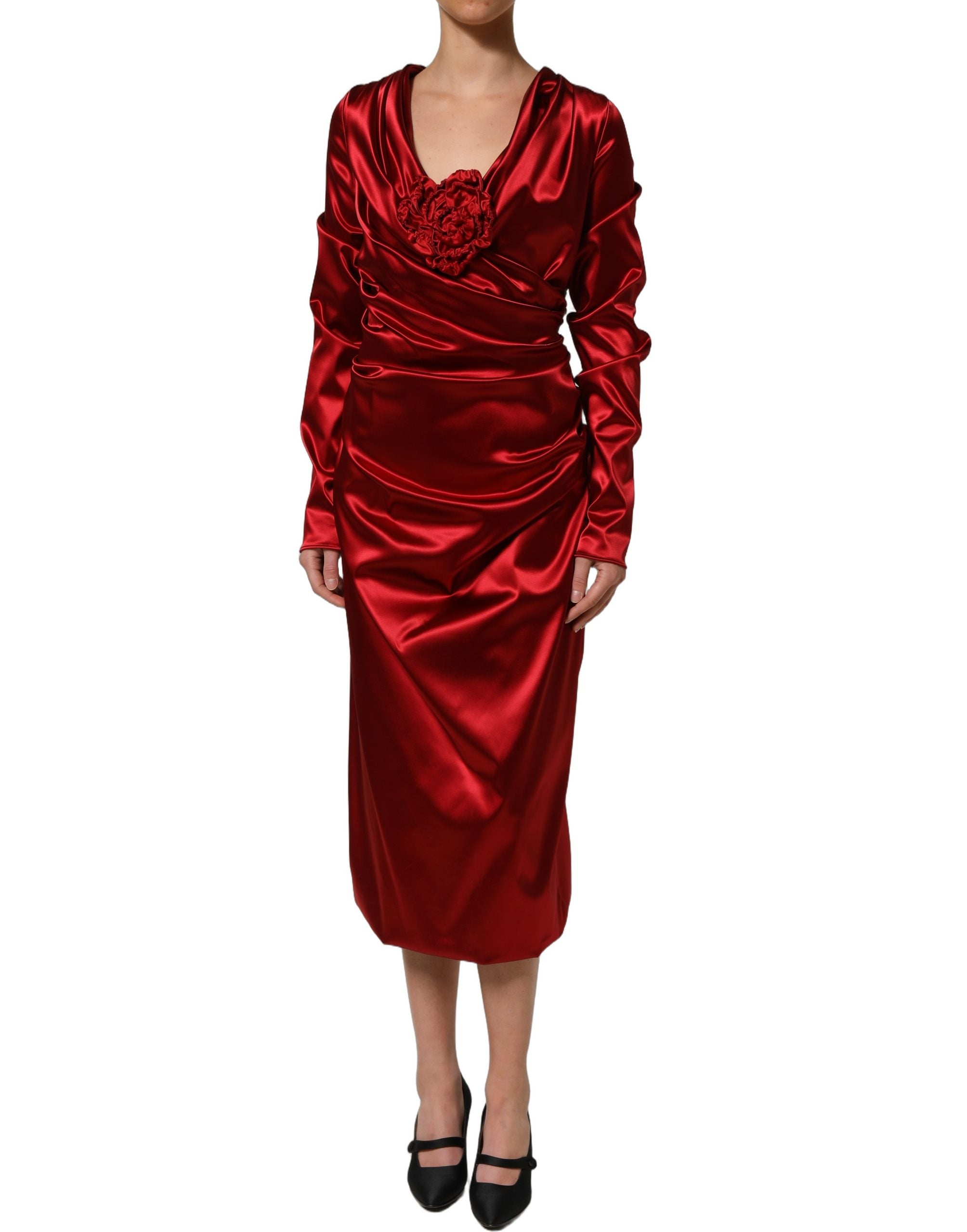 Dolce & Gabbana Red Silk Satin Draped Midi Floral Applique Dress