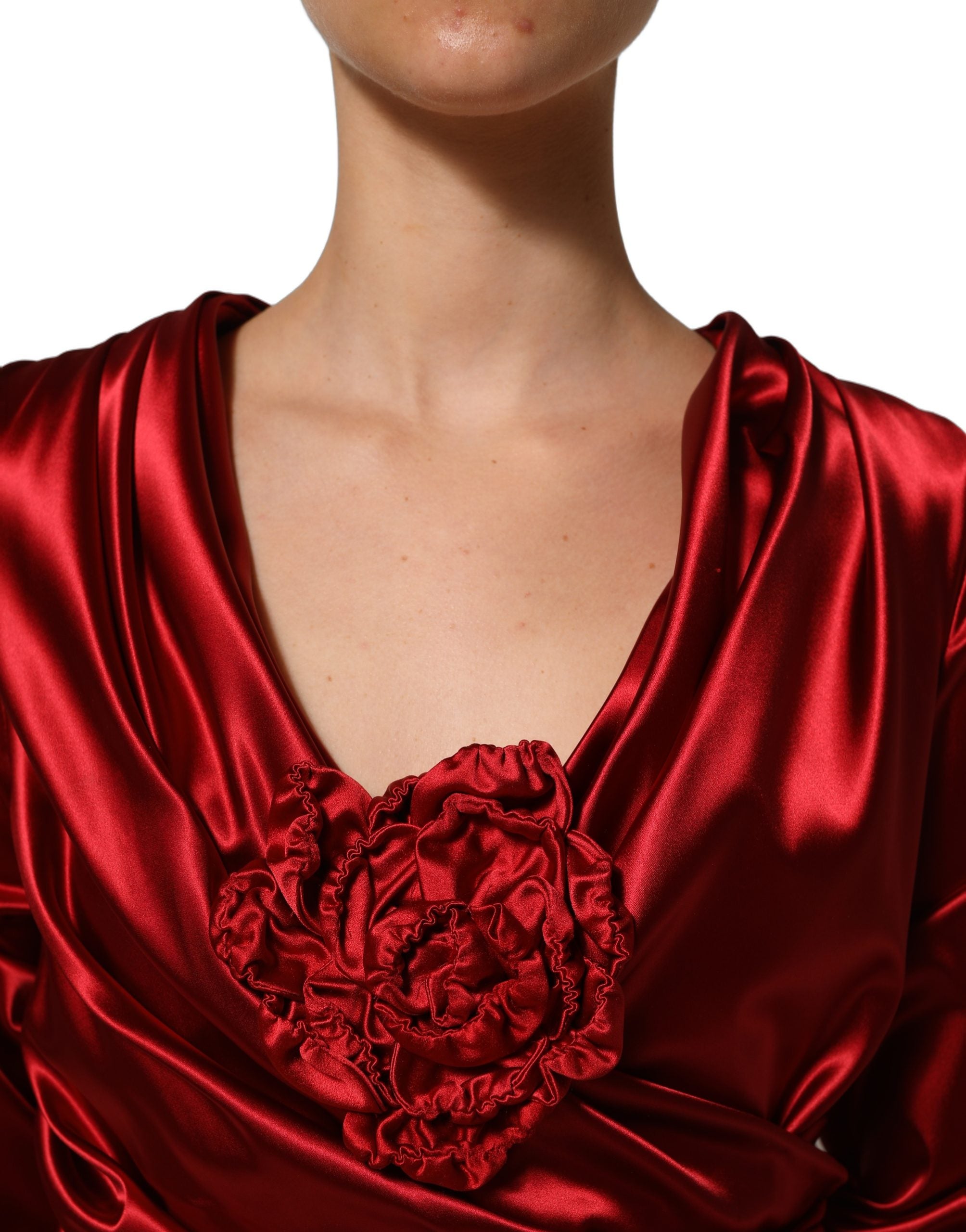 Dolce & Gabbana Red Silk Satin Draped Midi Floral Applique Dress