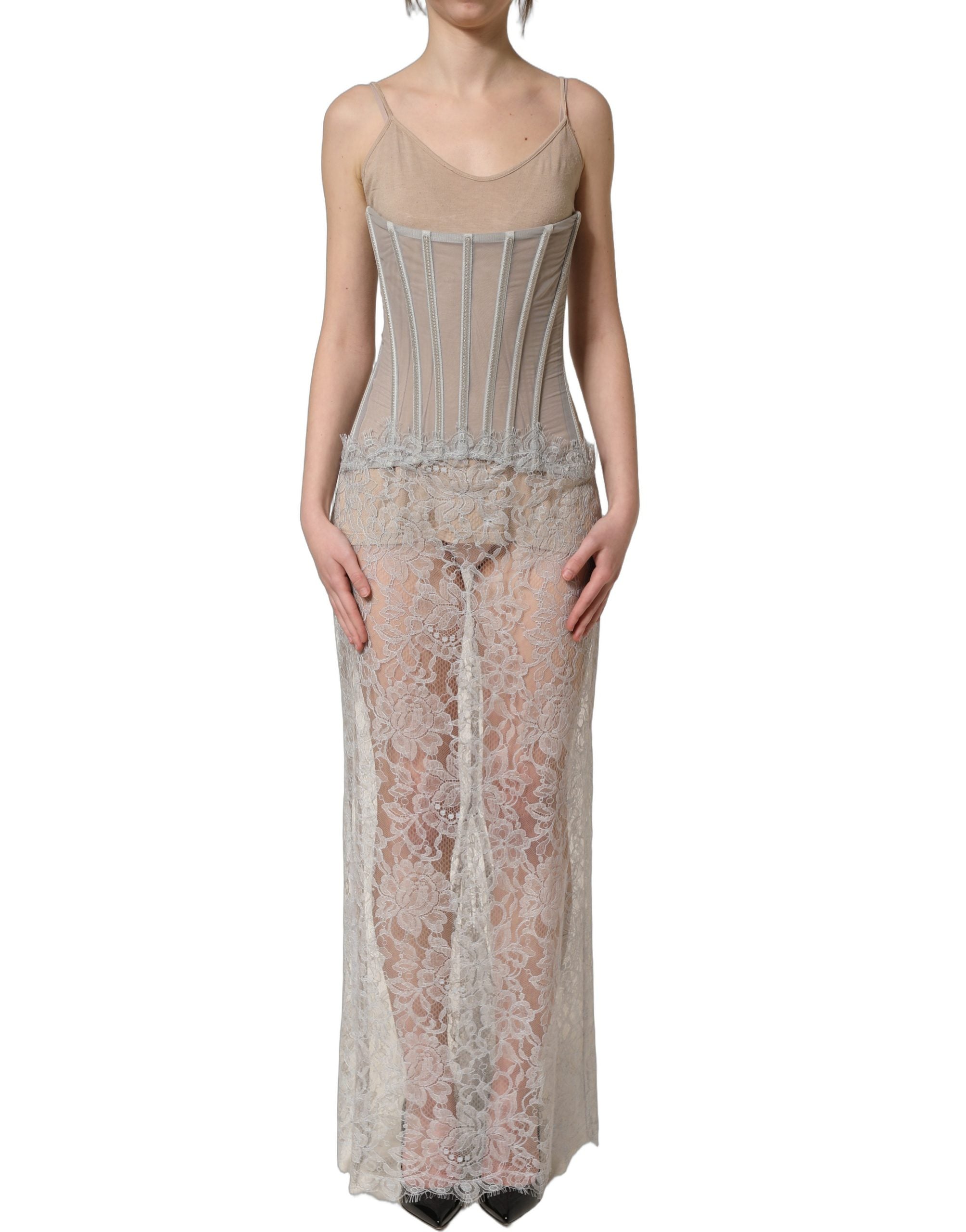 Dolce & Gabbana Gray Lace Corset Style Bodice Maxi Dress