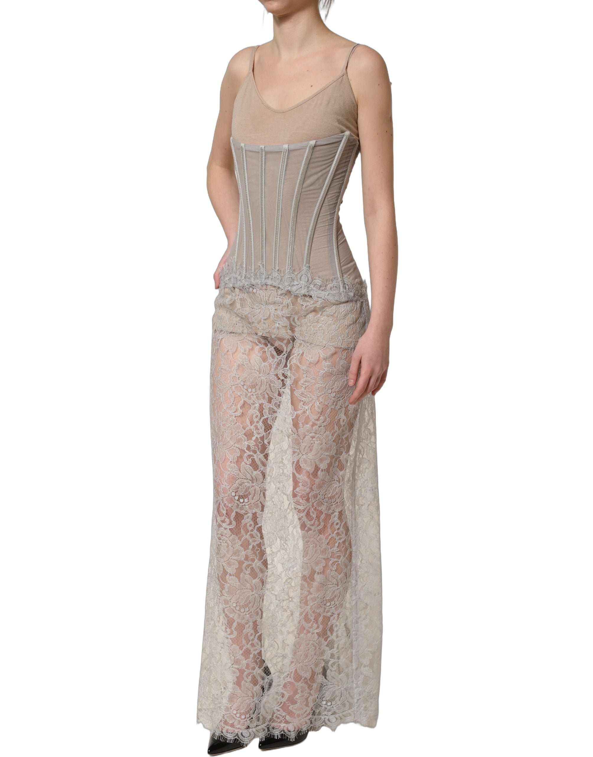 Dolce & Gabbana Gray Lace Corset Style Bodice Maxi Dress