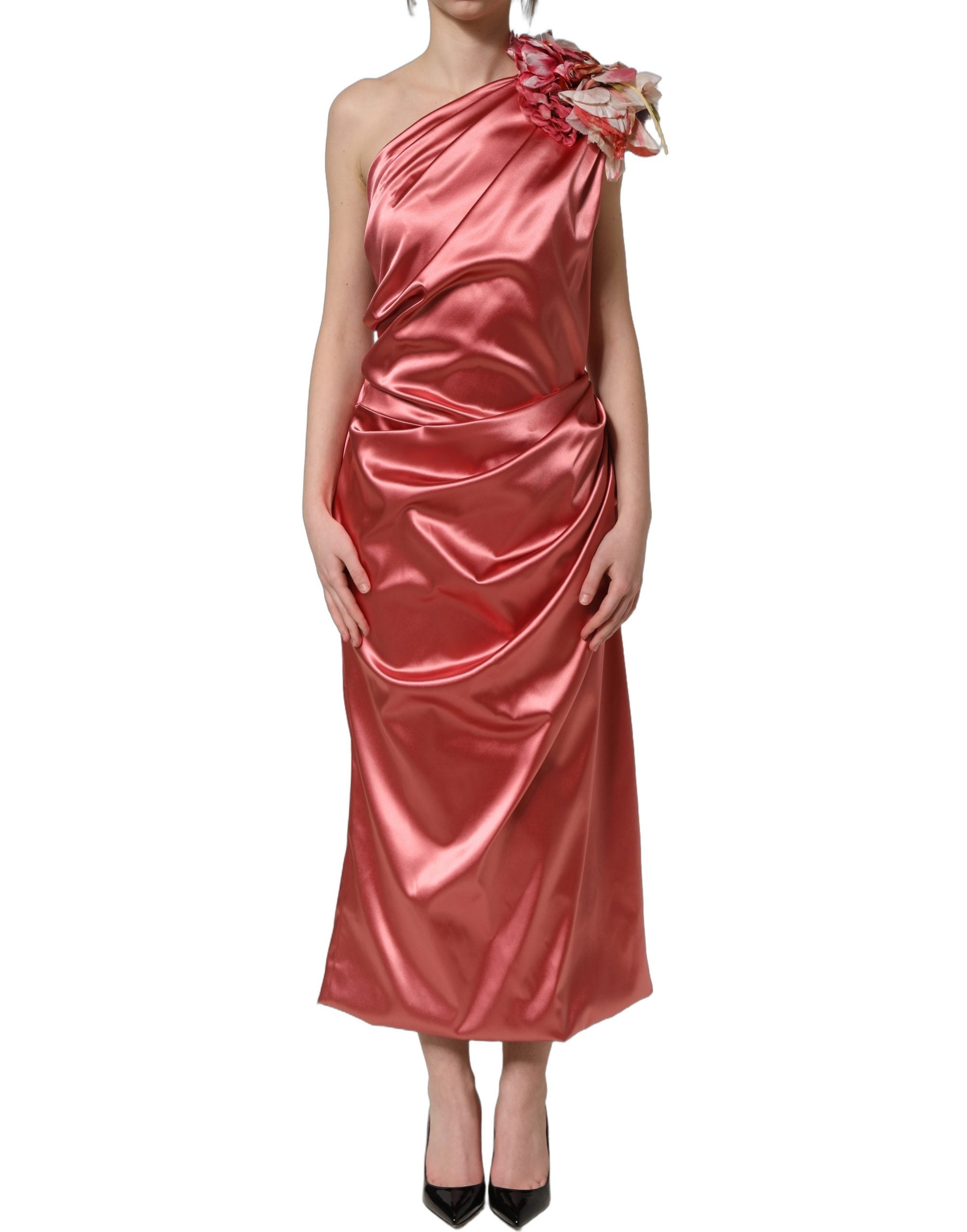 Dolce & Gabbana Pink Draped Midi Flower Appliques Dress