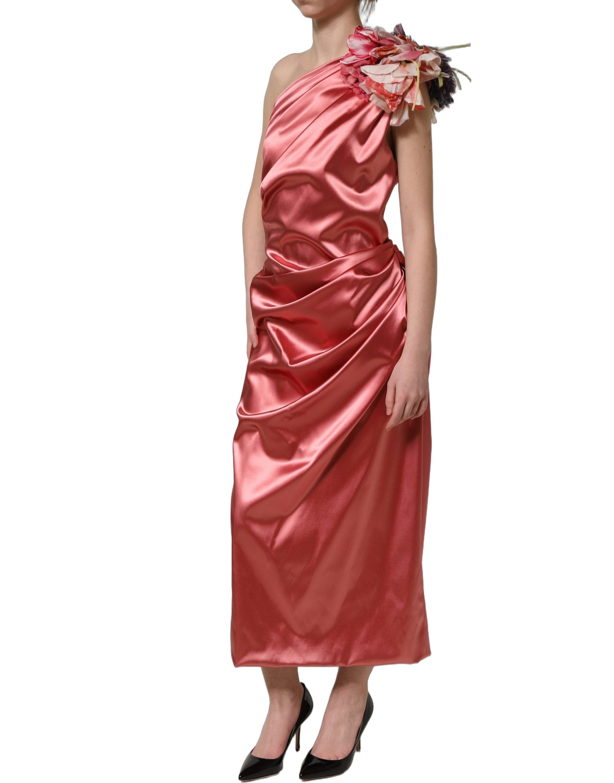 Dolce & Gabbana Pink Draped Midi Flower Appliques Dress