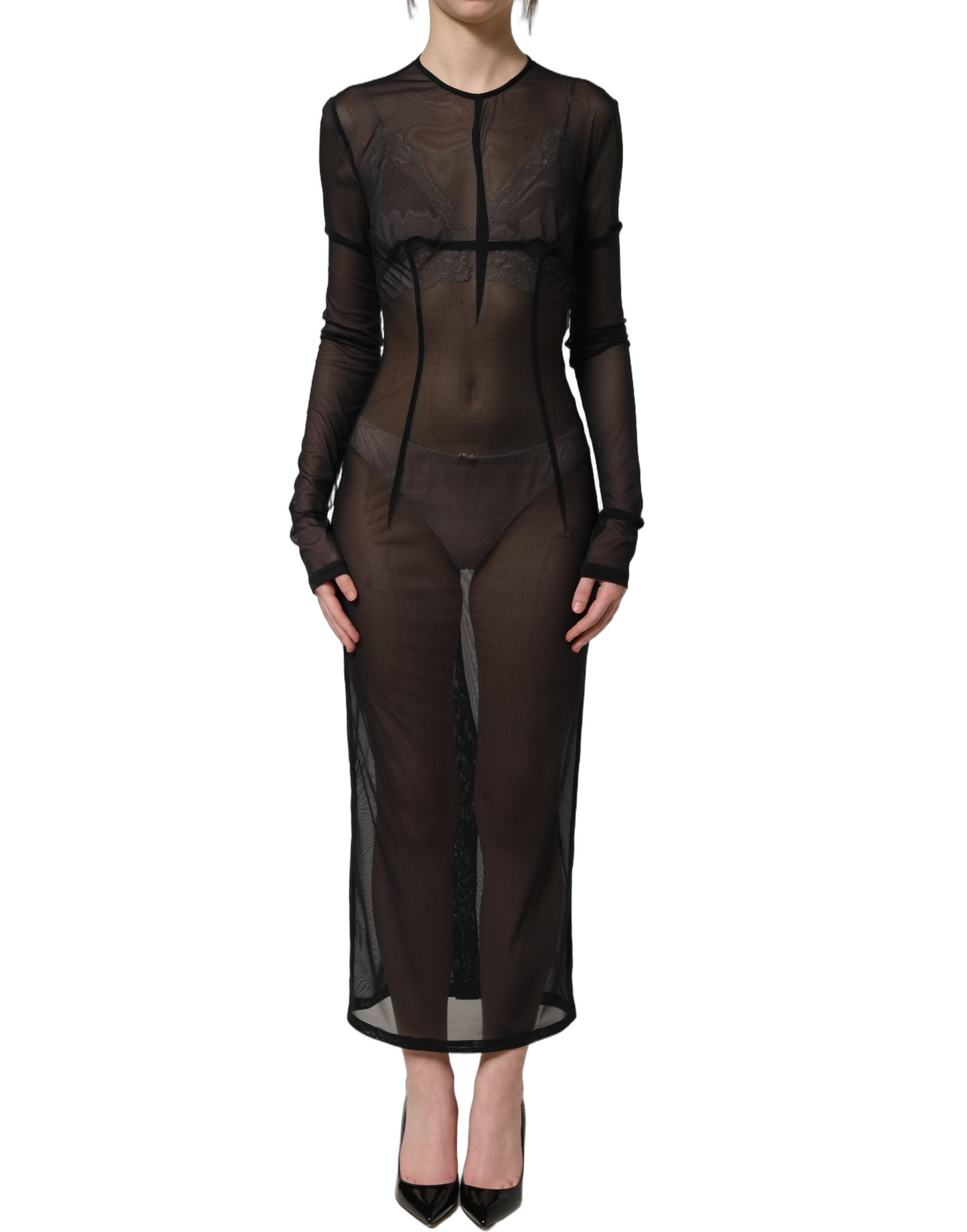 Dolce & Gabbana Black Long Sleeve Sheer Fitted Maxi Dress