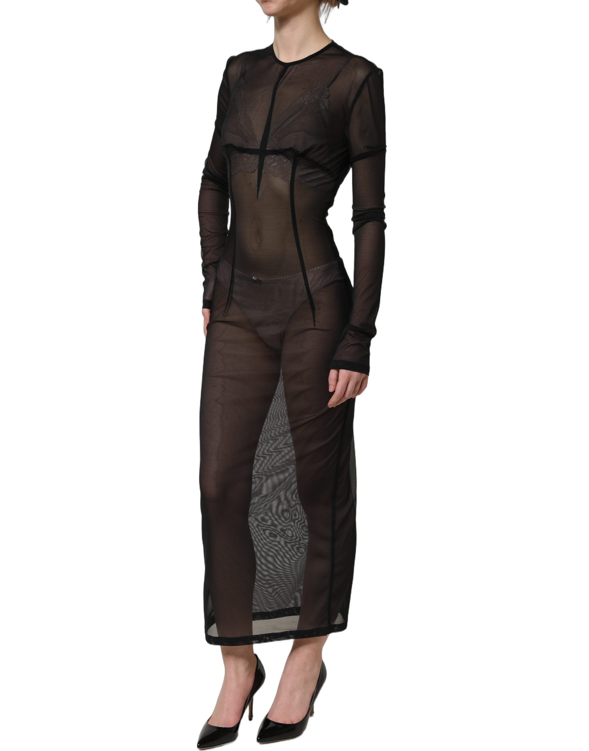 Dolce & Gabbana Black Long Sleeve Sheer Fitted Maxi Dress