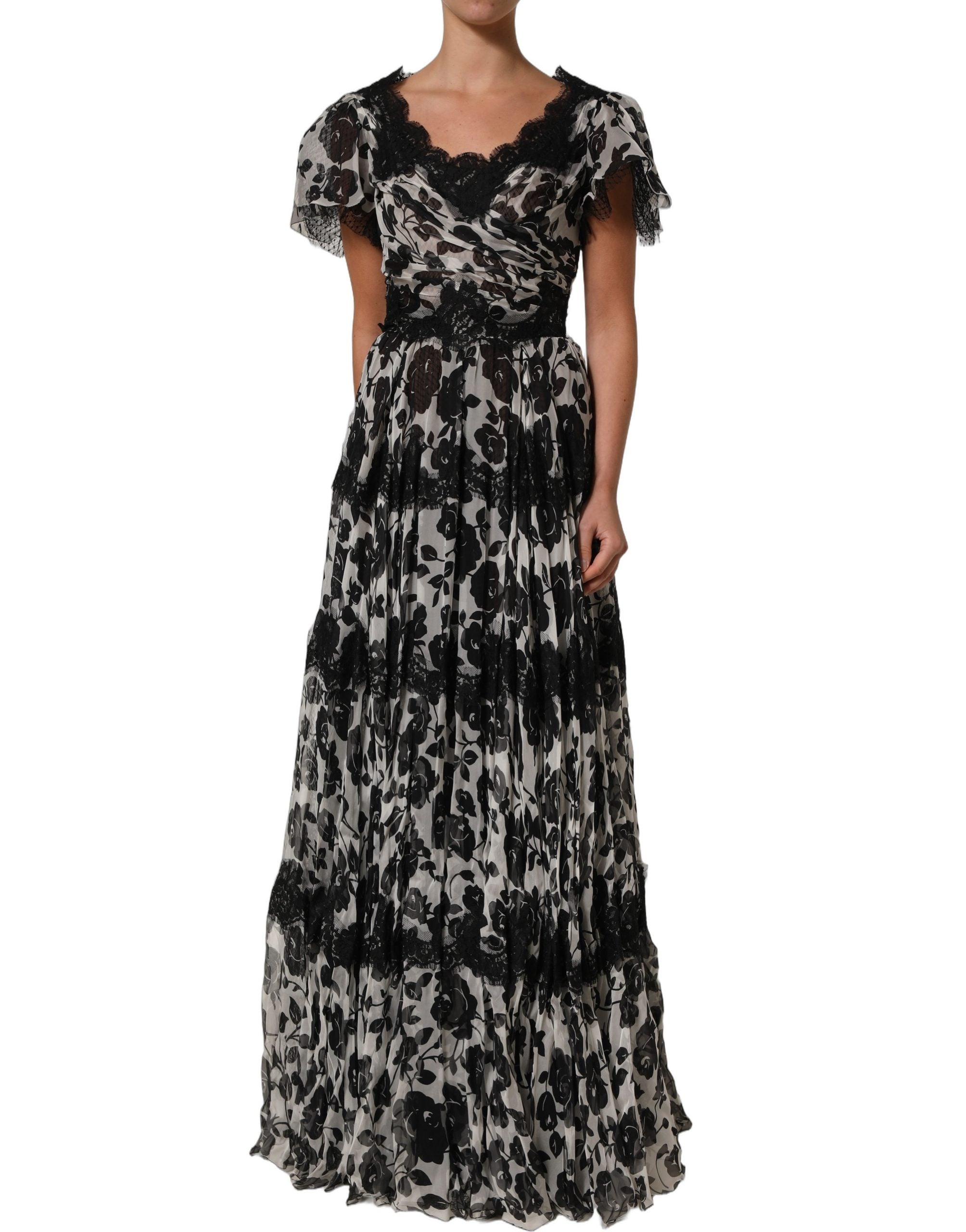 Dolce & Gabbana Black Silk Floral Lace Ricamo Ball Maxi Dress