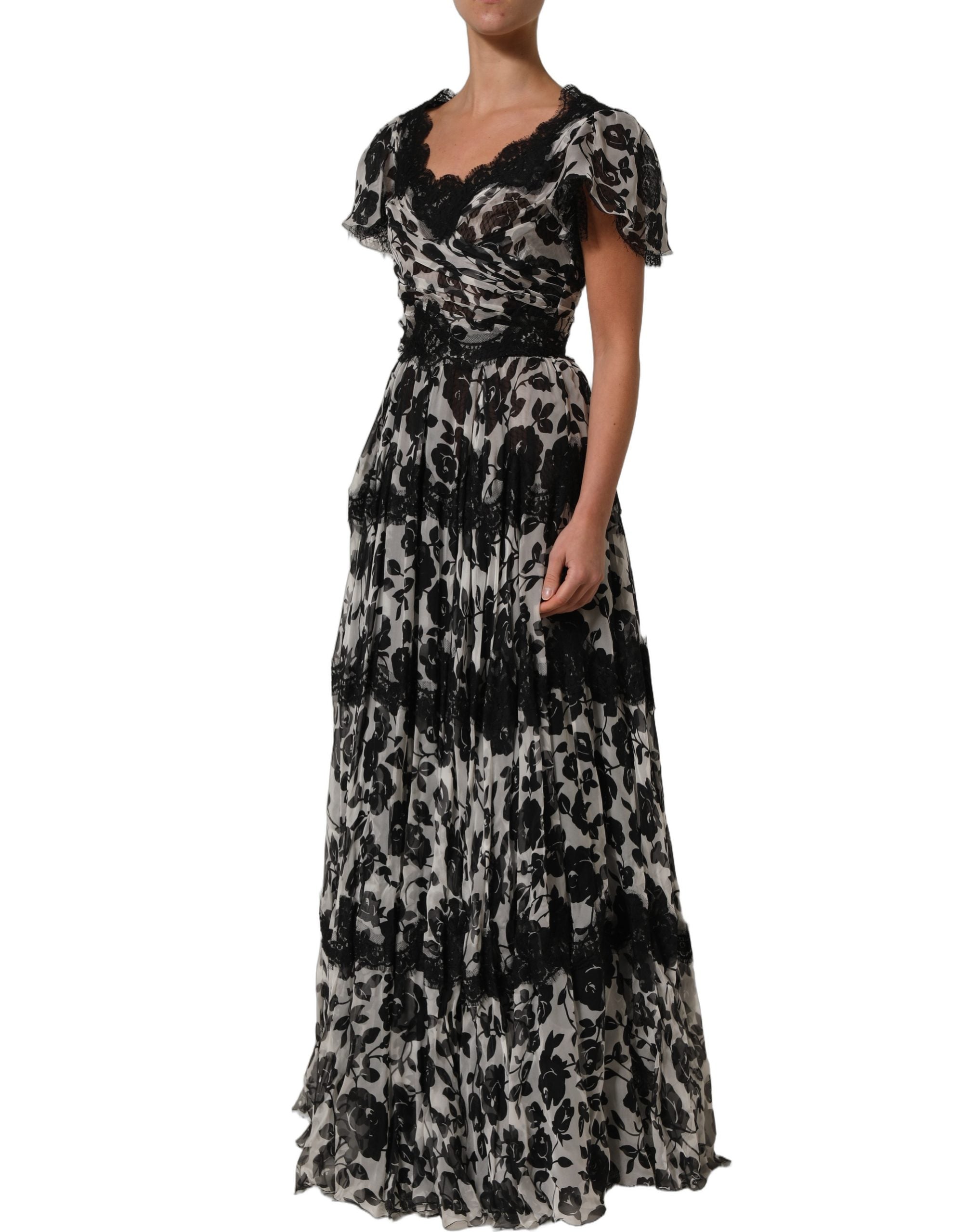Dolce & Gabbana Black Silk Floral Lace Ricamo Ball Maxi Dress