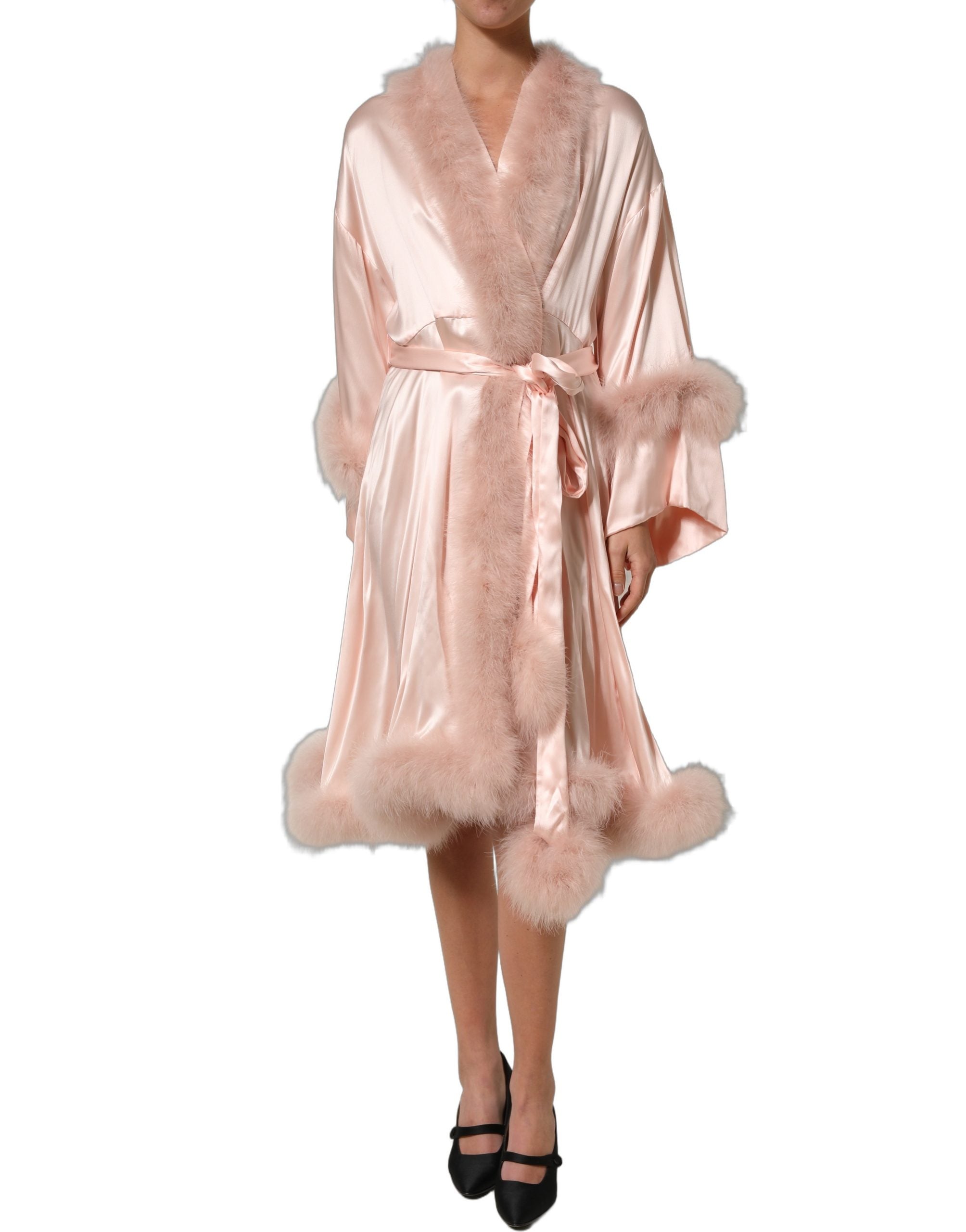 Dolce & Gabbana Light Pink Silk Turkey Feather Wrap Midi Dress