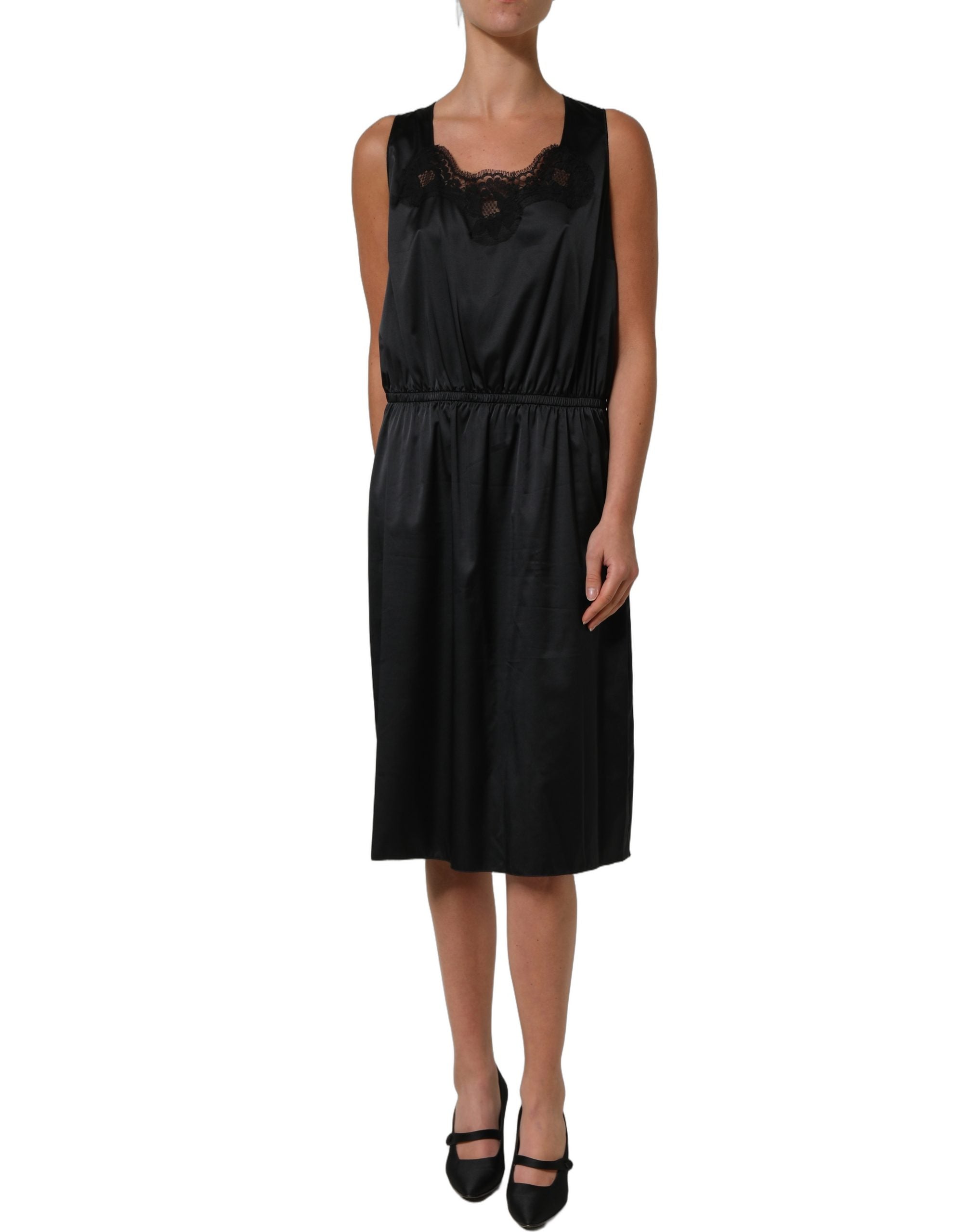 Dolce & Gabbana Black Polyester LaceTrim Sheath Midi Dress