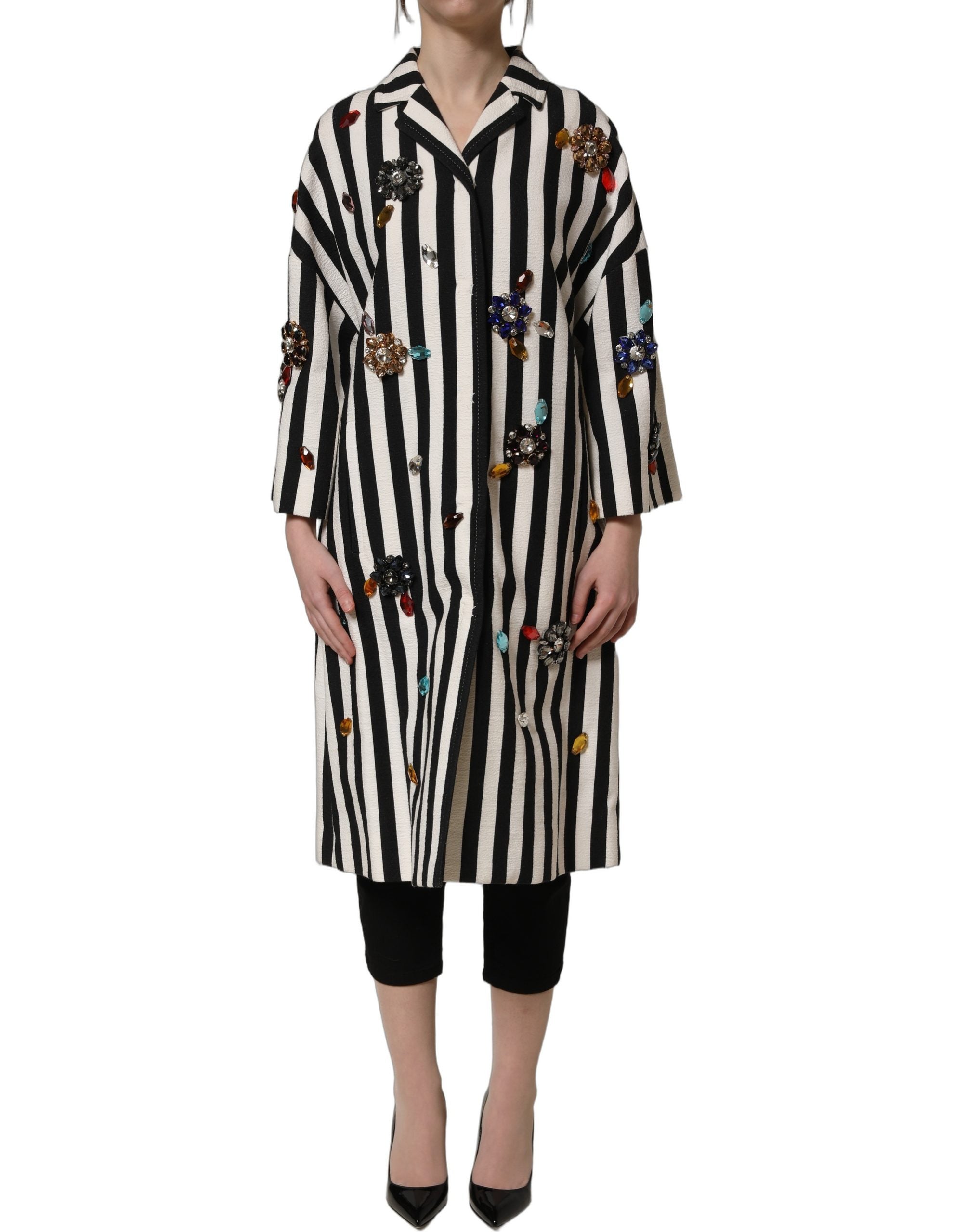 Dolce & Gabbana Black White Striped Embellished Coat Jacket