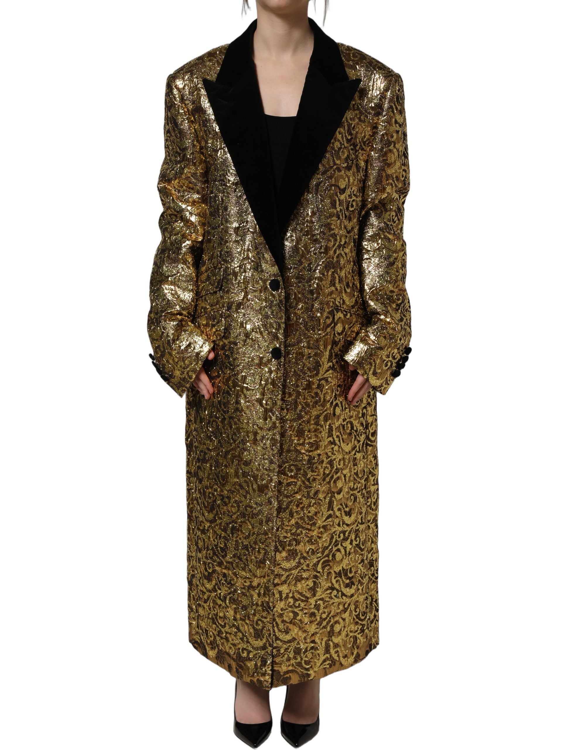 Dolce & Gabbana Gold Floral Jacquard Wool Trench Coat Jacket