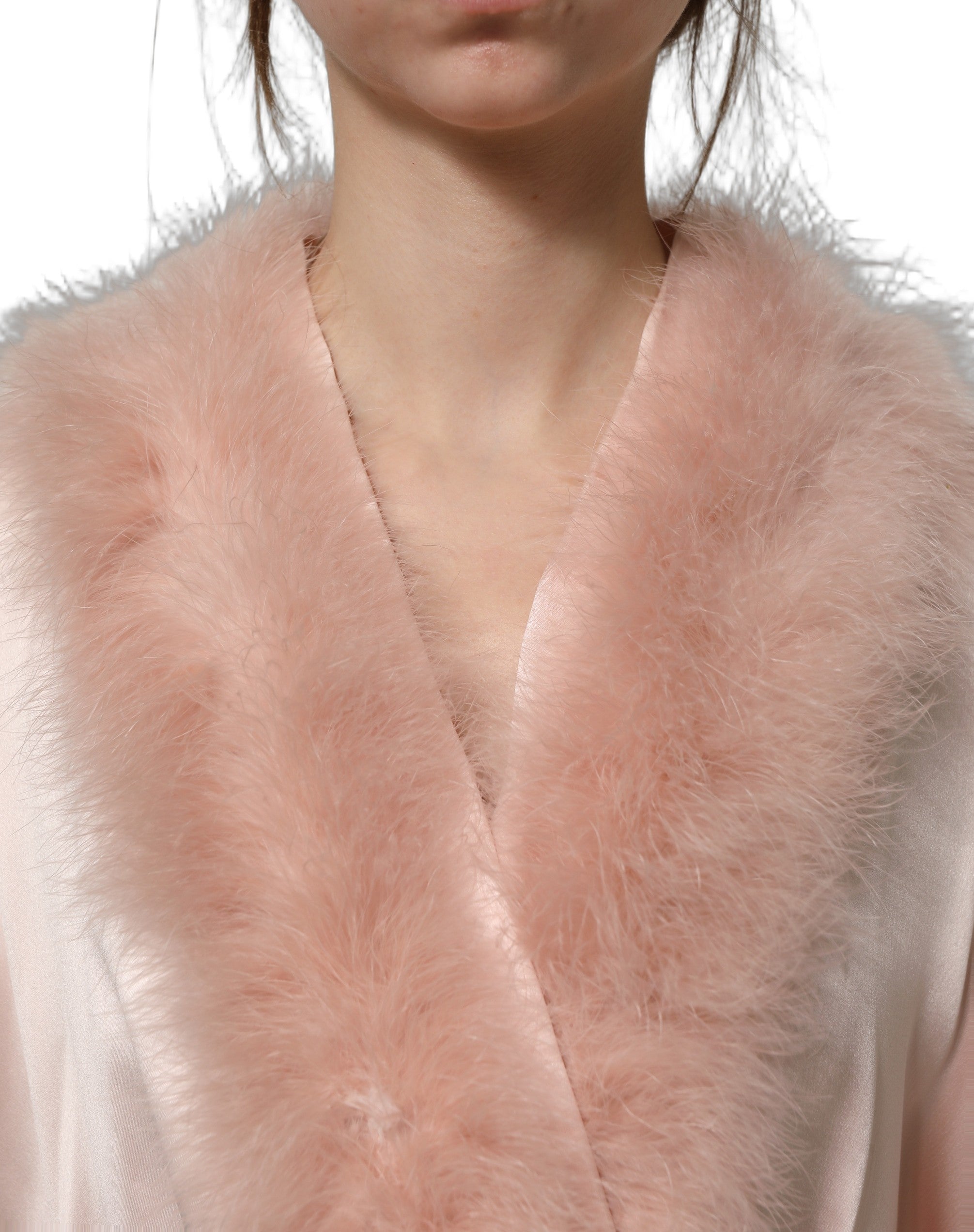 Dolce & Gabbana Light Pink Silk Turkey Feather Robe Jacket
