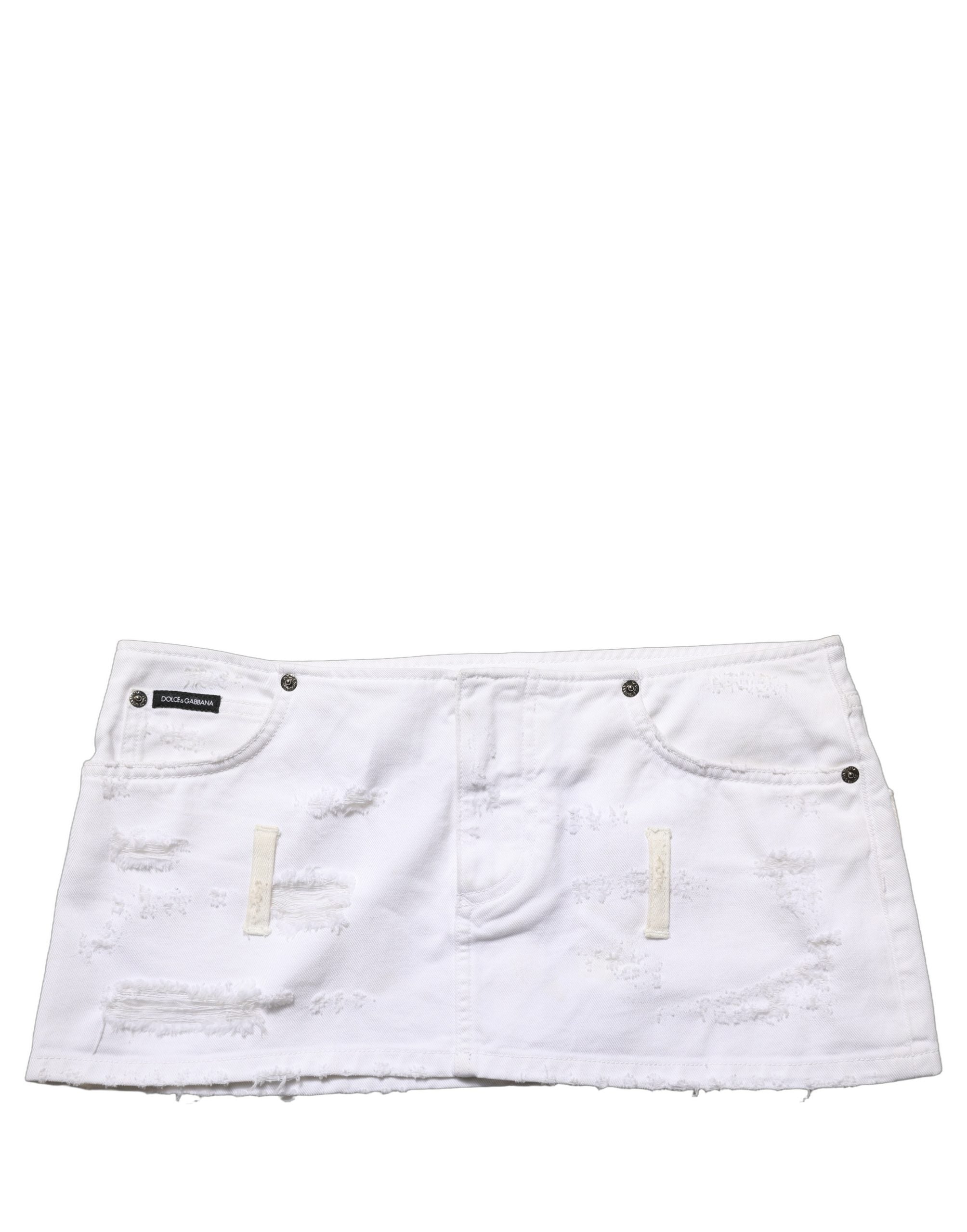 Dolce & Gabbana White Distressed Cotton Denim Mini Skirt