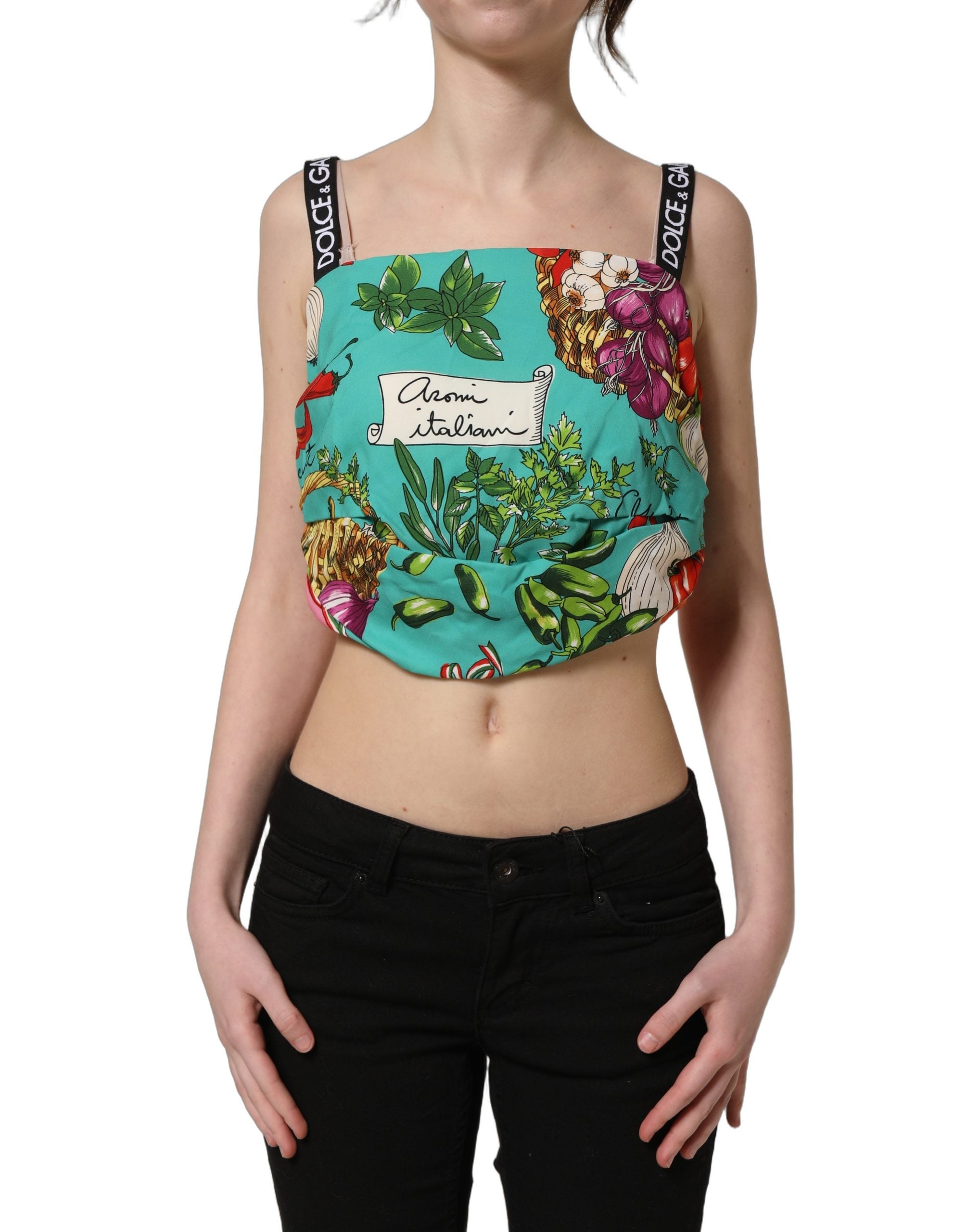 Dolce & Gabbana Multicolor Silk Vegetable Print Cropped Top