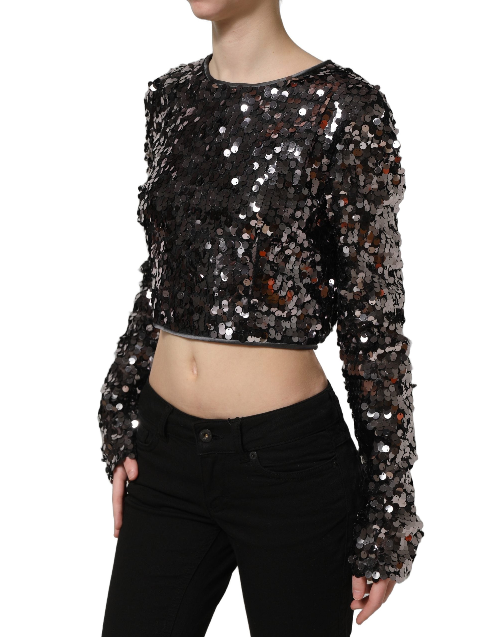 Dolce & Gabbana Black Sequined Long Sleeves Crop Blouse Top