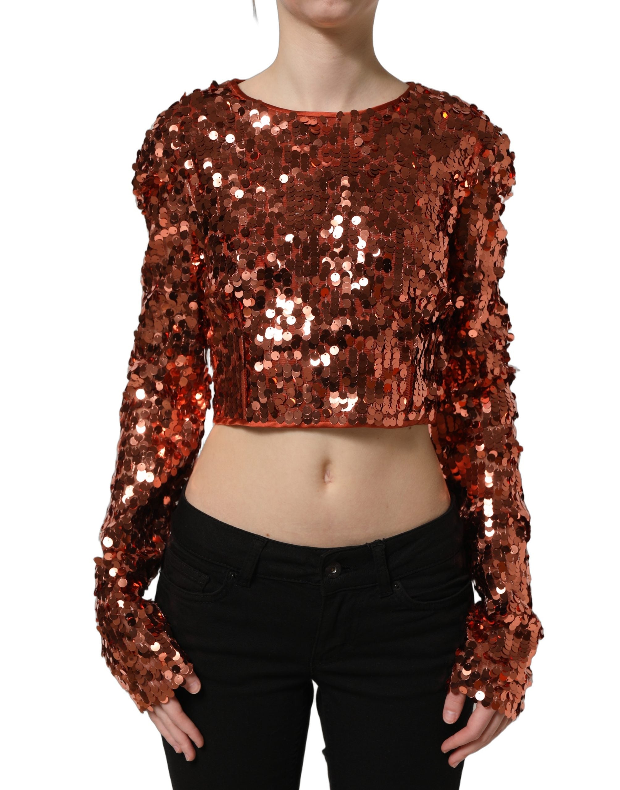 Dolce & Gabbana Red Sequined Long Sleeves Crop Blouse Top