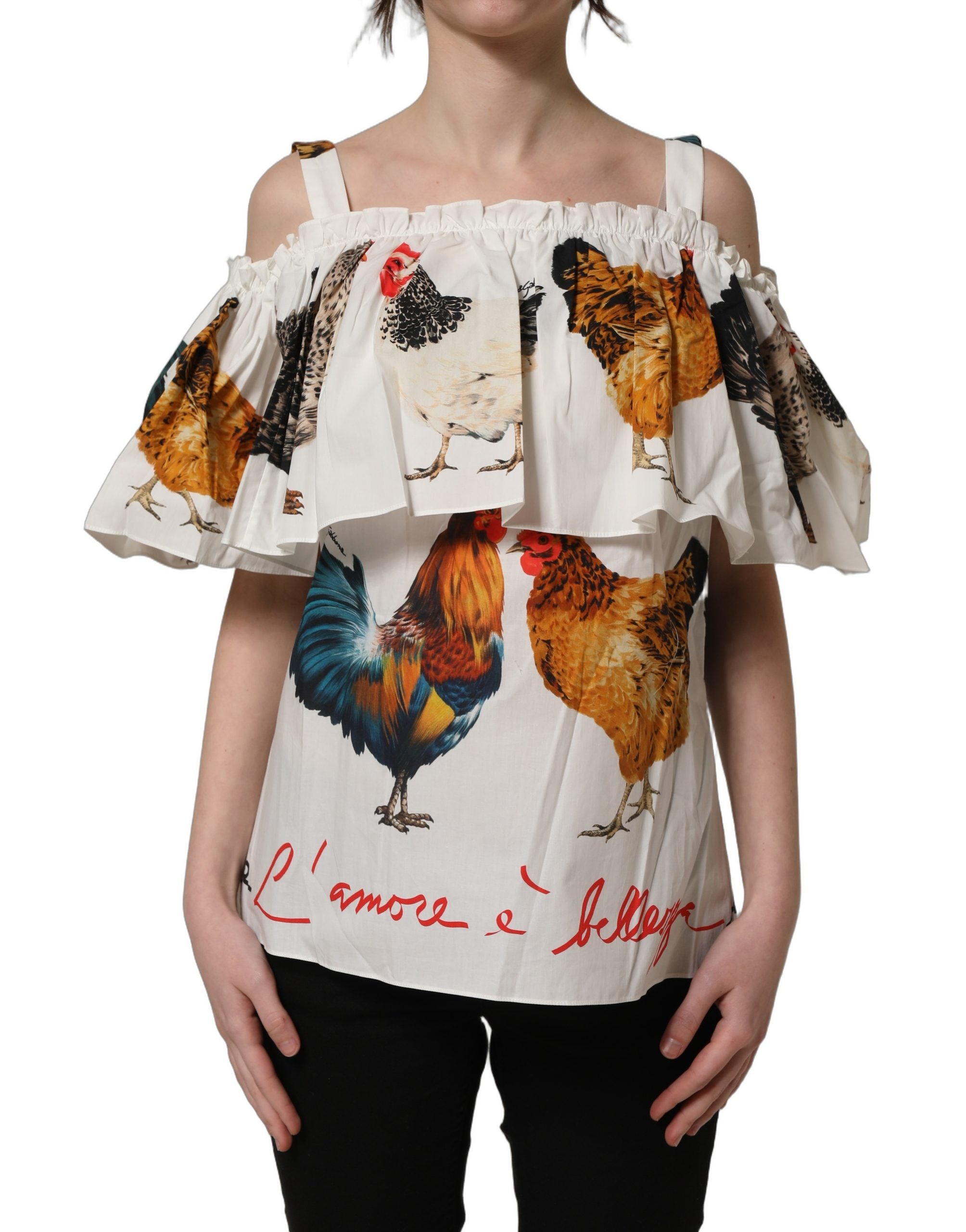 Dolce & Gabbana White Rooster Print Poplin Off The Shoulder Top