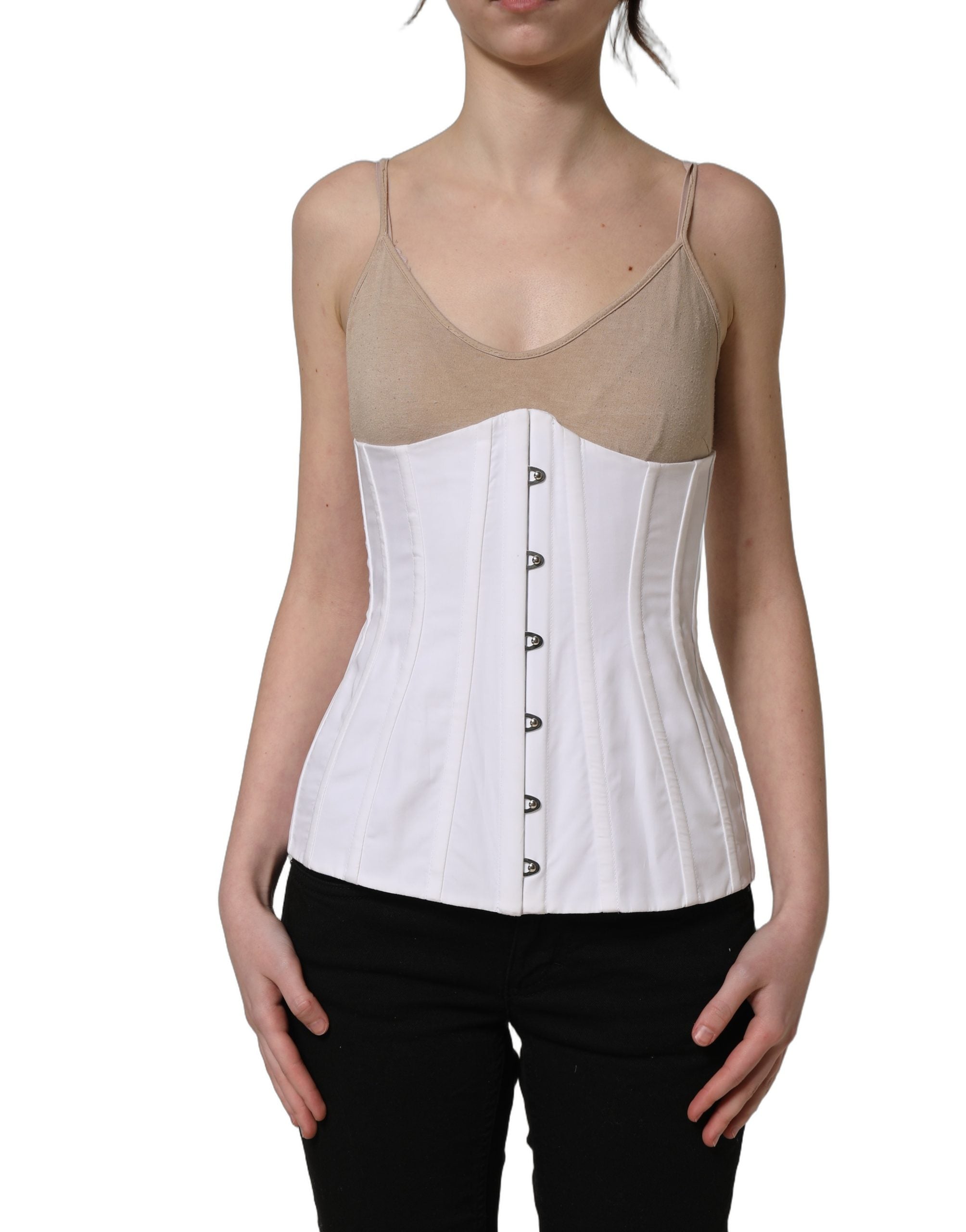 Dolce & Gabbana White Brown Cotton Sleeveless Corset Top