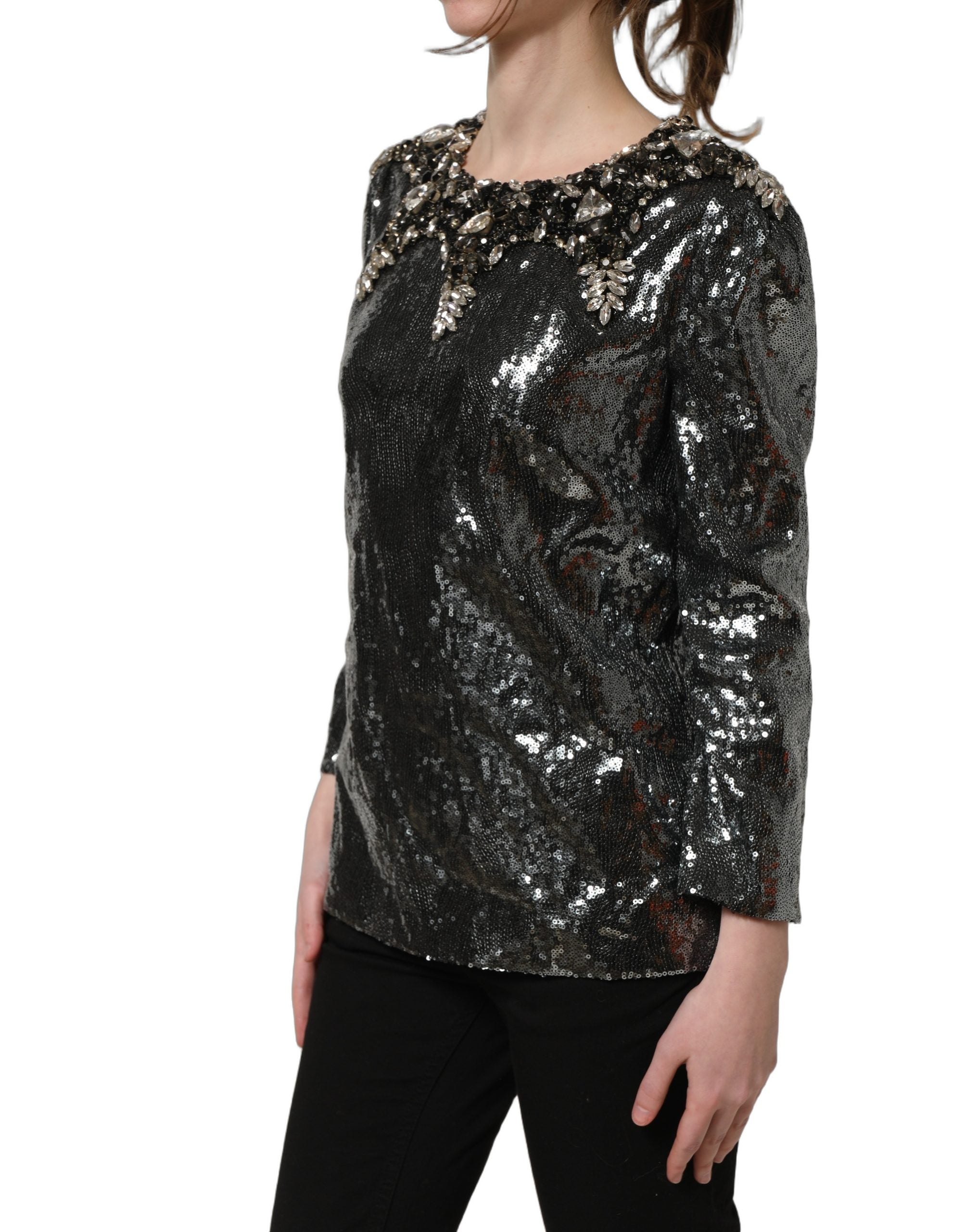 Dolce & Gabbana Metallic Gray Sequin Embellished Blouse Top