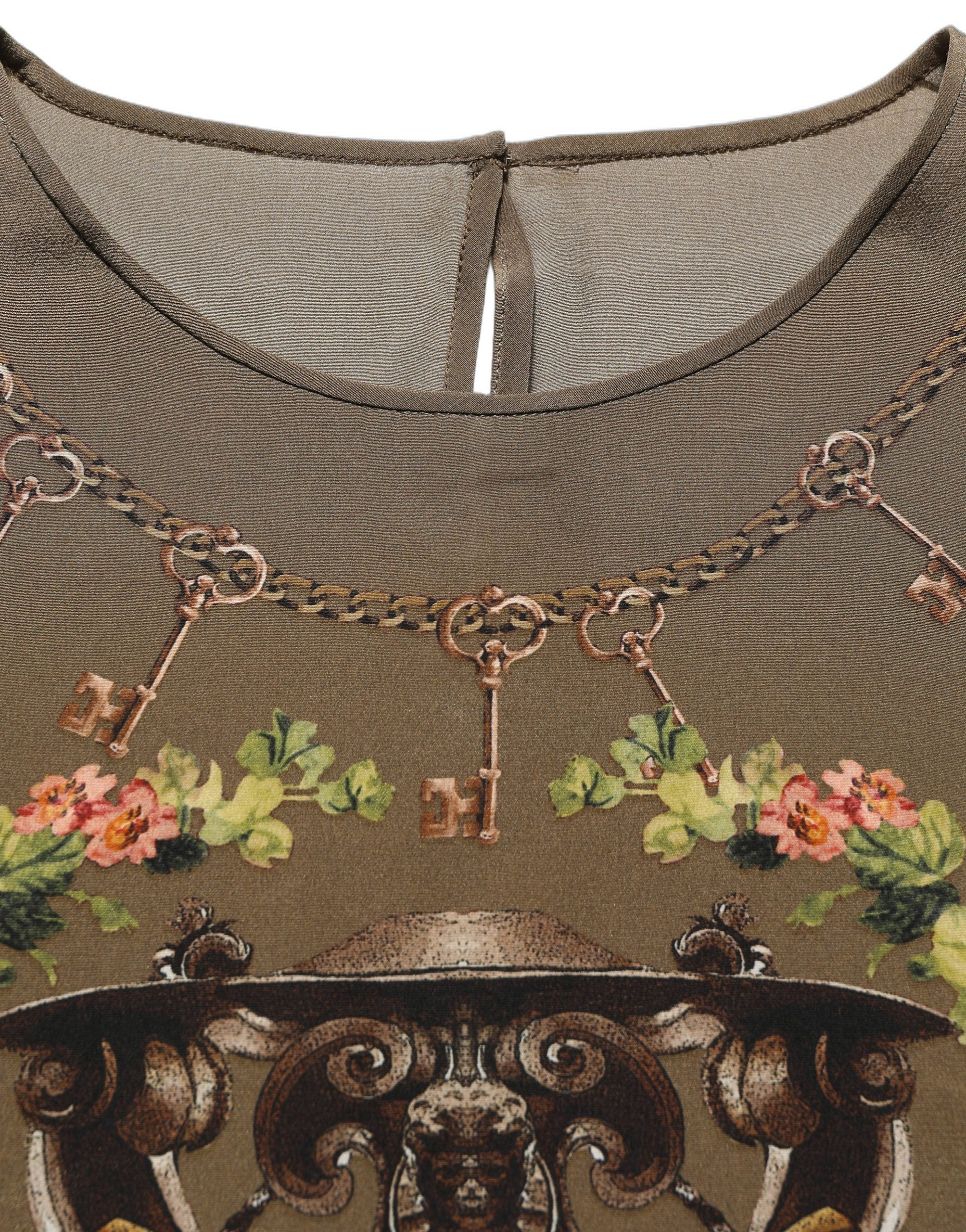 Dolce & Gabbana Brown Keys Roses Printed Silk Blouse Top